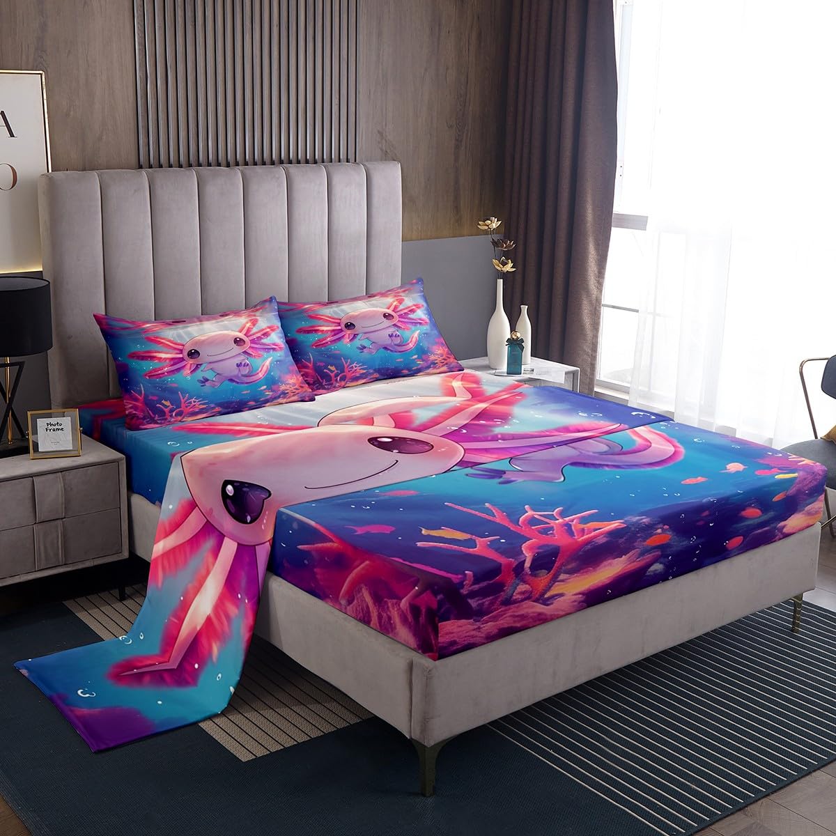 Erosebridal Cute Axolotl Bed Set Salamander Ocean Animal Bed Sheets Set Full Underwater World Flat Fitted Sheet for Girls Kids Adult,Maeine Life Bedding Sets for Bedroom Decor with 2 Pillow Cases