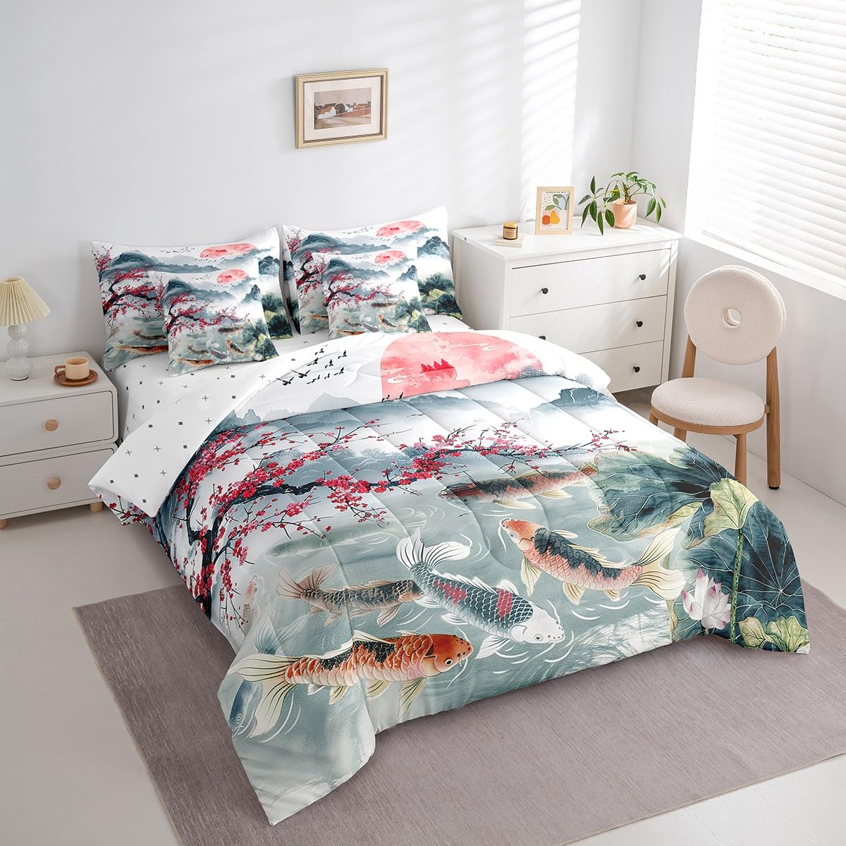 Erosebridal 7 Piece Cherry Blossoms Bed in a Bag Full for Girls Women Chinese Style Sheet Set Lotus Leaf Print Cushion Covers Landscape Painting Bedding with Comforter Koi Print Bed Set
