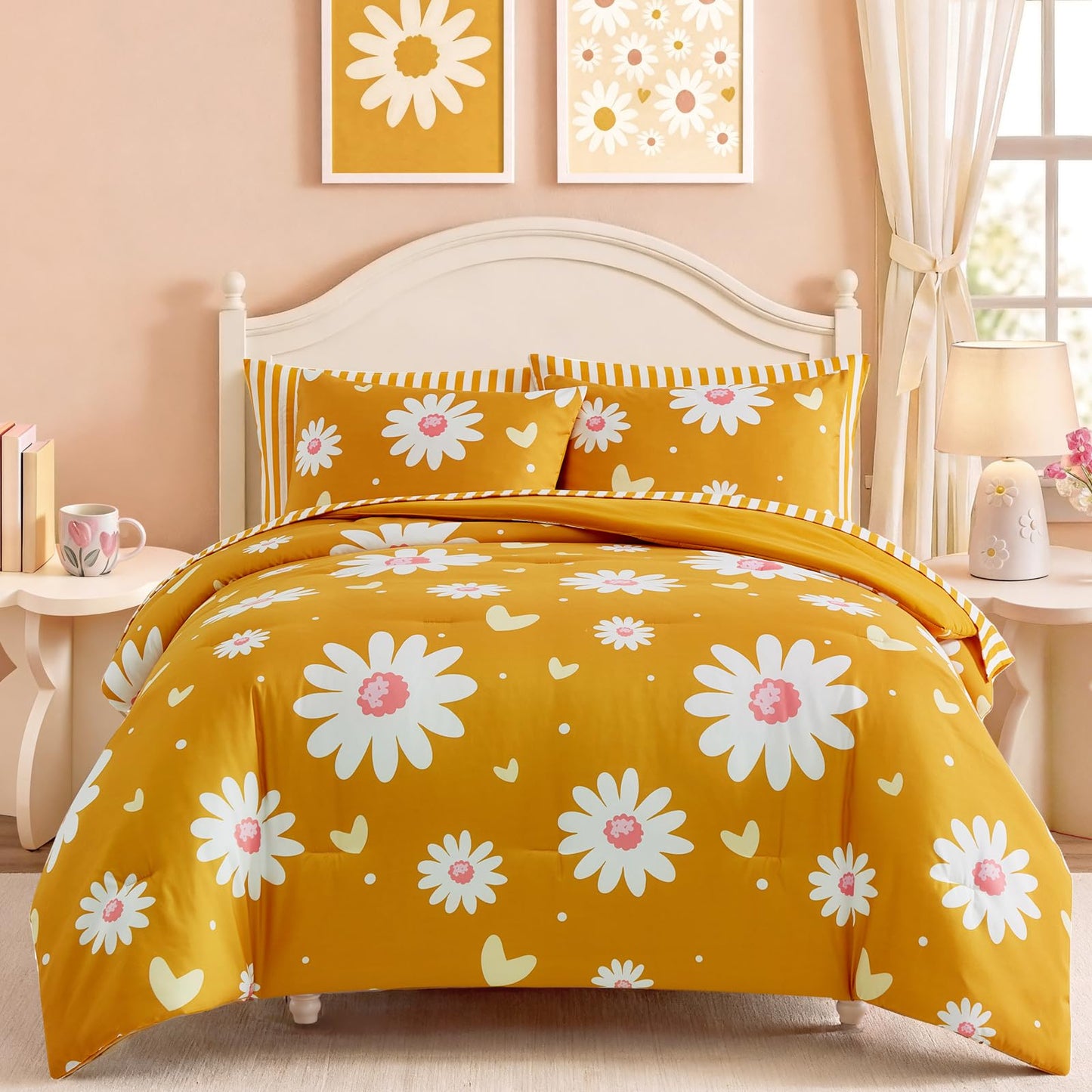 AMBERSPACE Twin XL Comforter Set for Girls, Mustard Yellow Daisy Bedding Set with Cute Heart, All Season Kids Bed in a Bag Dorm 5 Pieces with Sheets, Pillowcase & Sham