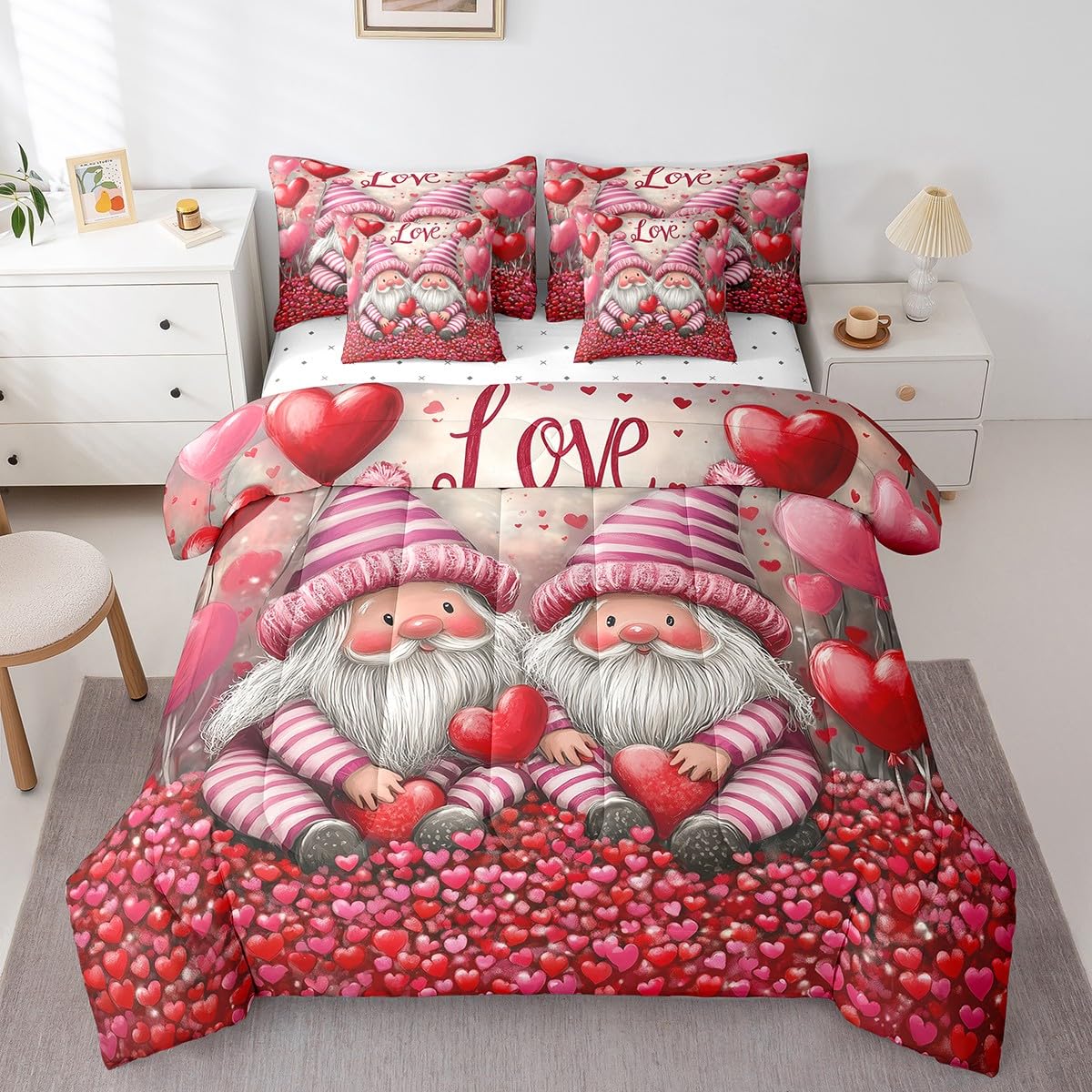 Erosebridal Valentines Day Gnomes Queen 7 Piece Bedding Set - Romantic Cute Gnome Comforter Set with Sheets for Kids Girls Boys, Coquette Love Heart Print Bed in a Bag with Fitted + Flat Sheet