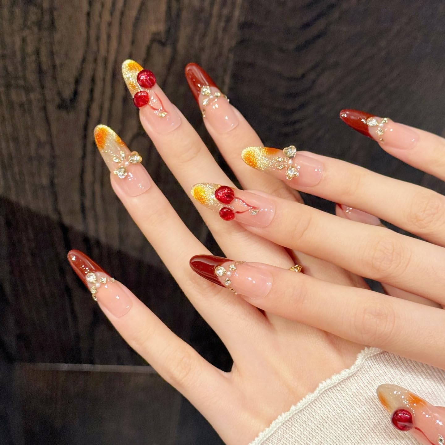 Handmade Press on Nails Square Sweet and Alluring Style Cherry Burgundy Nail Art with Rhinestone Embellishments Acrylic Nails Press on Handmade Nails Luxury Press on Nails（S）