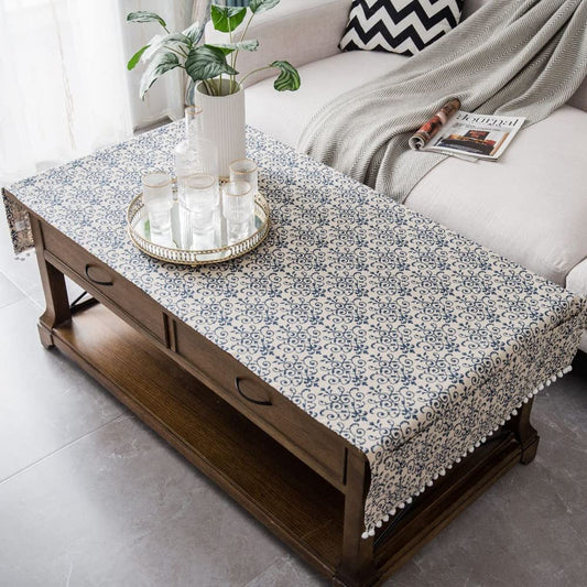 COMFEELING Coffee Table Cloth Rustic Style Living Room Center End Table Cover with Pocket, Cotton Linen Tablecloth (Blue Flower,23.6×63 Inch)
