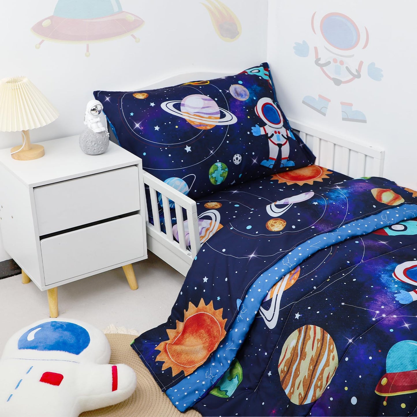 SWESEN Toddler Bedding Set for Boys, Blue Space Toddler Boy Bedding Set, Soft & Lightweight 4 Piece Toddler Comforter Sets Include Comforter, Flat Sheet, Fitted Sheet, Pillowcase