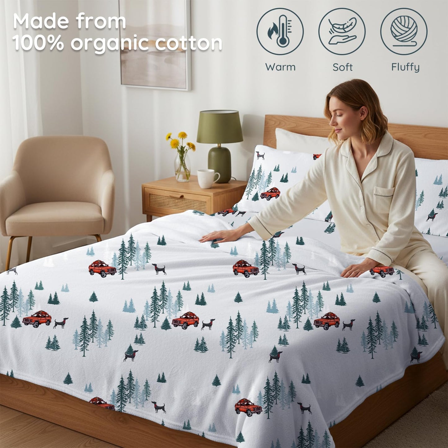 LONAVA 100% Cotton Flannel Sheet Set 4 Pieces, Heavy-Duty Fluffy Flannel Design, Thermal Lock Technology, 16 inch Deep Pocket Cozy Soft Bedsheets,(Twin,Forest Jeep)