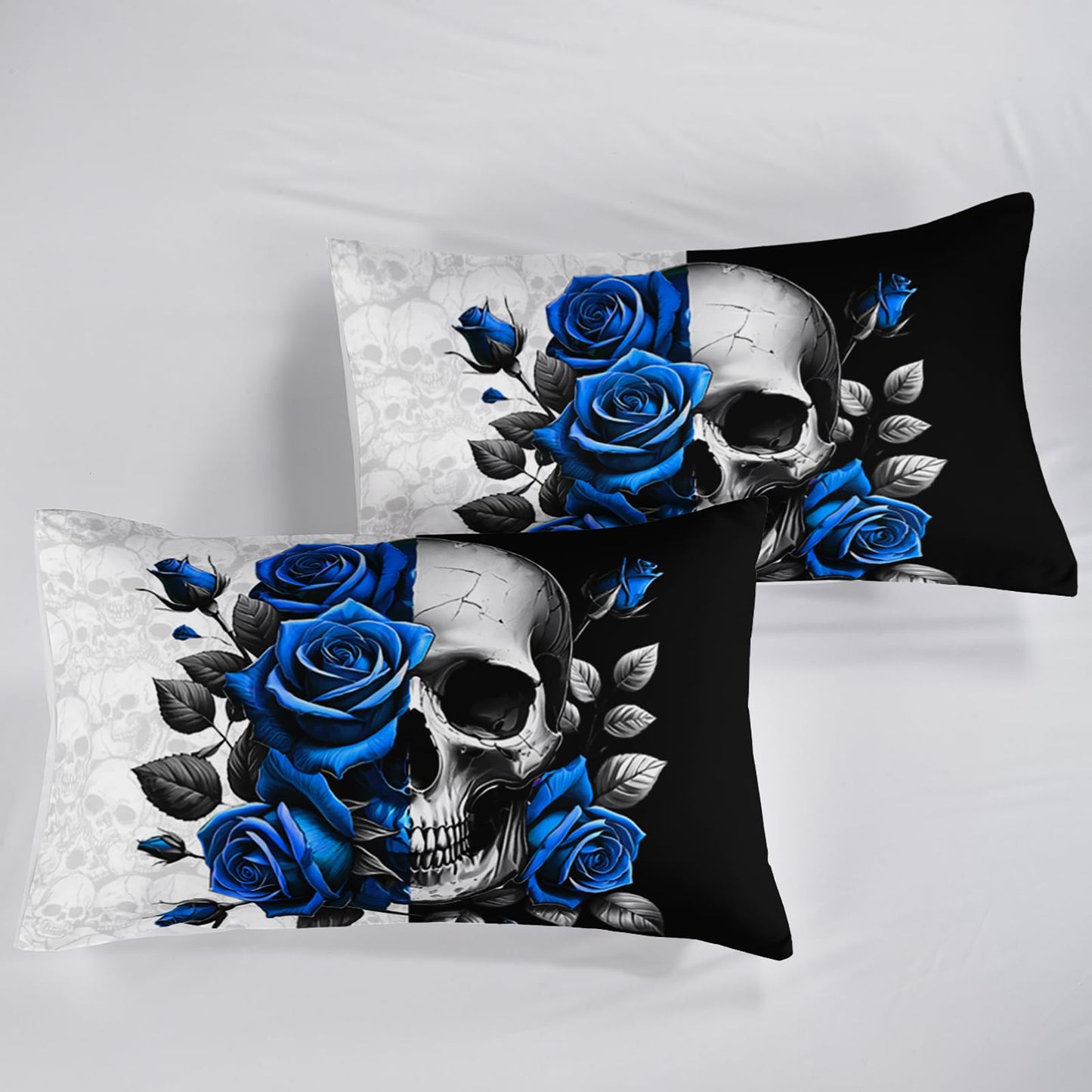 QOOMO Sugar Skull Kids Bed Sheets Twin Size,Blue Roses Print Bedding Sheet Set,4Pcs Skeleton Deep Pocket Bed Sets with 1 Fitted Sheet 1 Flat Sheet 2 Pillowcases for Boys Girls Teens