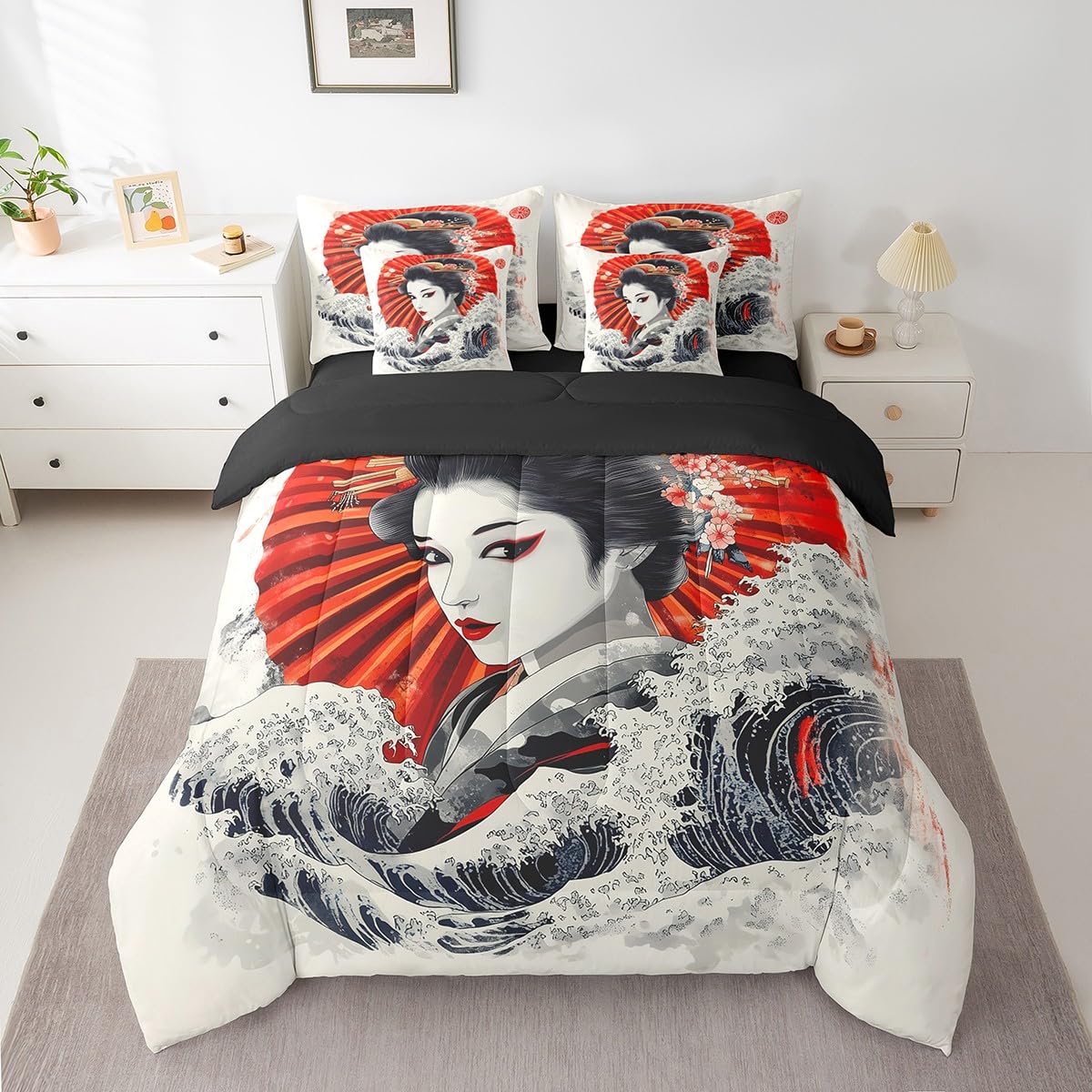Erosebridal Japanese Geisha Comforter Set Twin,Samurai Ukiyoe Bedding Set 7Pcs,Japan Marine Coastal Nautical Quilt,Aesthetic Kimono Bed in a Bag