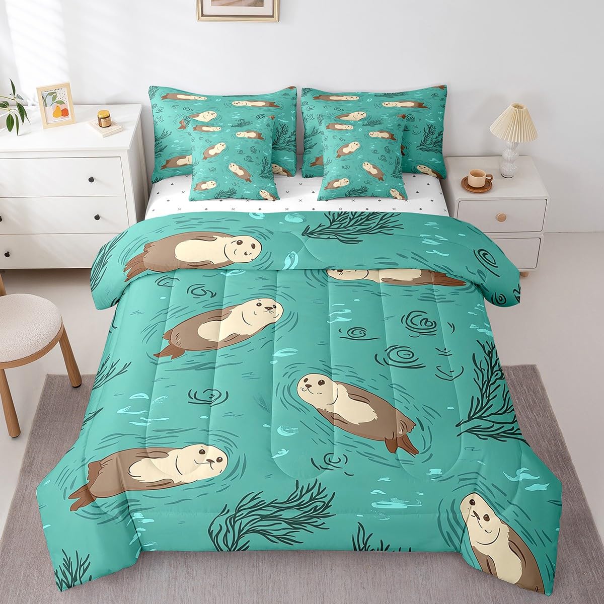 Erosebridal Otter Bedding Set for Kids Cute Ocean Animal Twin Comforter Set 7 Piece Cartoon Marine Life Bed in A Bag with Sheets for Boys Girls Blue Sea Aquatic Plants Bed Set