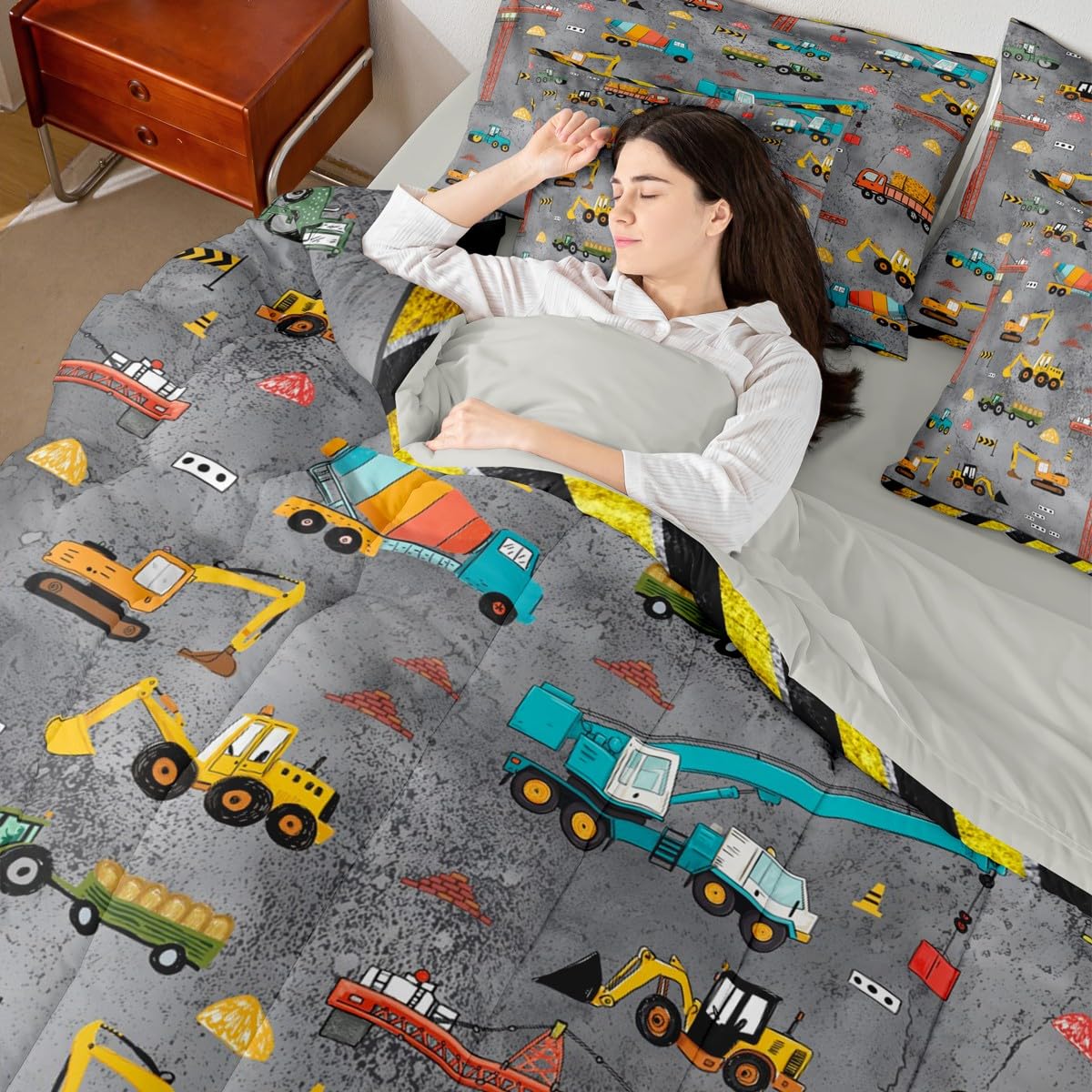Erosebridal Kids Excavator Bed in A Bag 7 Piece Tractor Truck Comforter Set Twin Size Construction Vehicle Bedding Sets for Kids Teens Boys Girls Equipment Heavy Blender Sheet Set