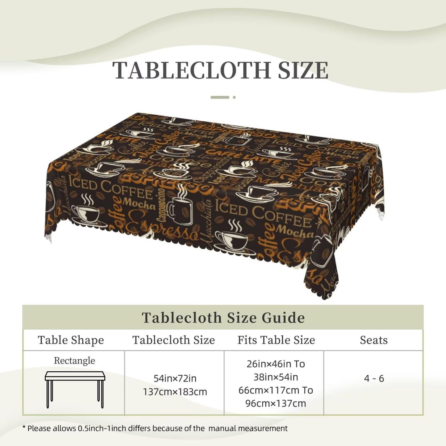 ZEJAYFEY Brown Coffee Rectangle Tablecloth Retro Cafe Theme Beans Table Cloths Americano Espresso Caffee Latte Cup Mocha Washable Table Cover for Home Kitchen Dining Party Decor 54 x 72 Inch
