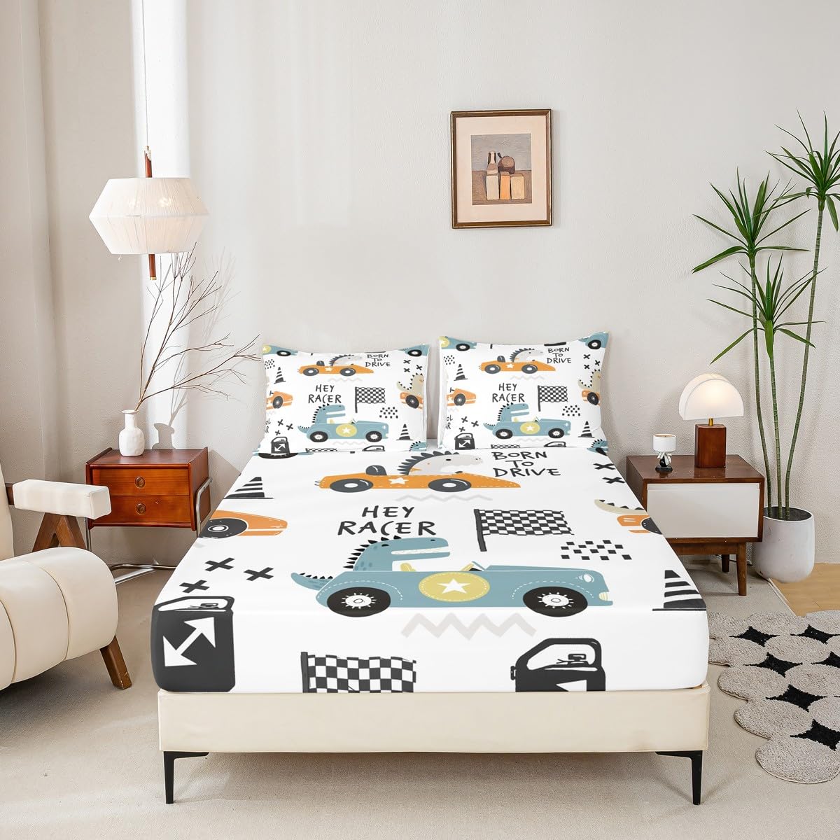 Cartton Car Kids Sheet Set Racing Sports Game Bed Sheets Set Decor Cute Dinosaur Racer Sheets with Deep Pocket Fitted Sheet Gift for Racing Lover White Blue Bedding Set Bedroom Quilt Cover 4Pcs Full