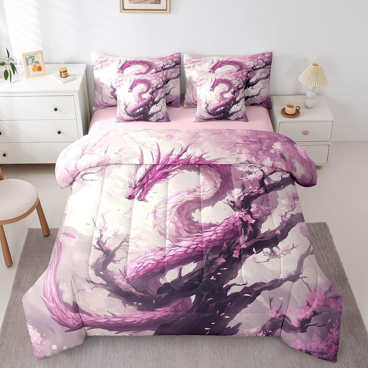 7 Pieces Cherry Flower Dragon Comforter Set Queen,Japanese Style Blossom Bed Set for Kids Boys Girls,Pink Dragon Bedding(1 Comforter,1 Fitted Sheet,1 Flat Sheet,2 Pillowcases,2 Throw Pillow Cover)