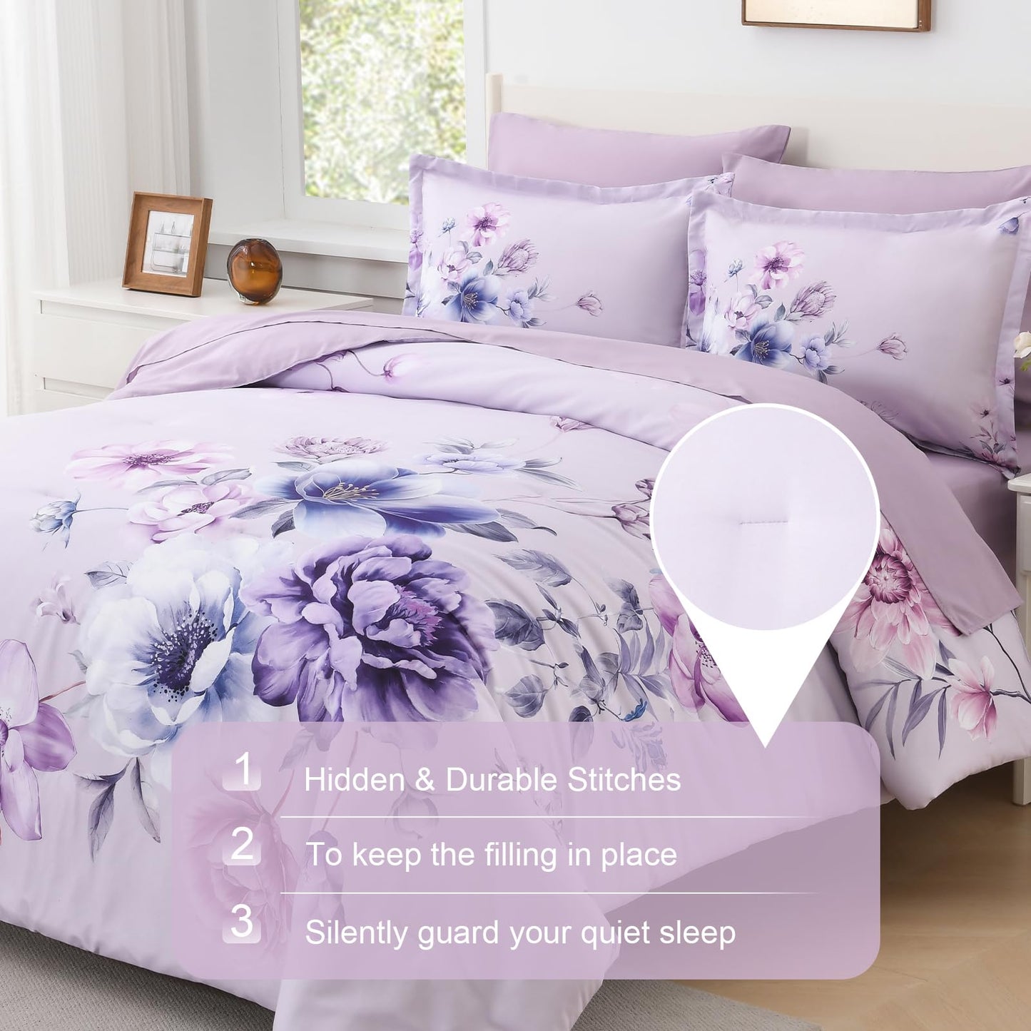 Floral Comforters Queen Size 7 Pieces Botanical Purple Flower Bed in a Bag Ulter Soft Microfiber Bedding Set, Lightweight Bed Comforter Set with Sheets for All Season (Purple, Queen)