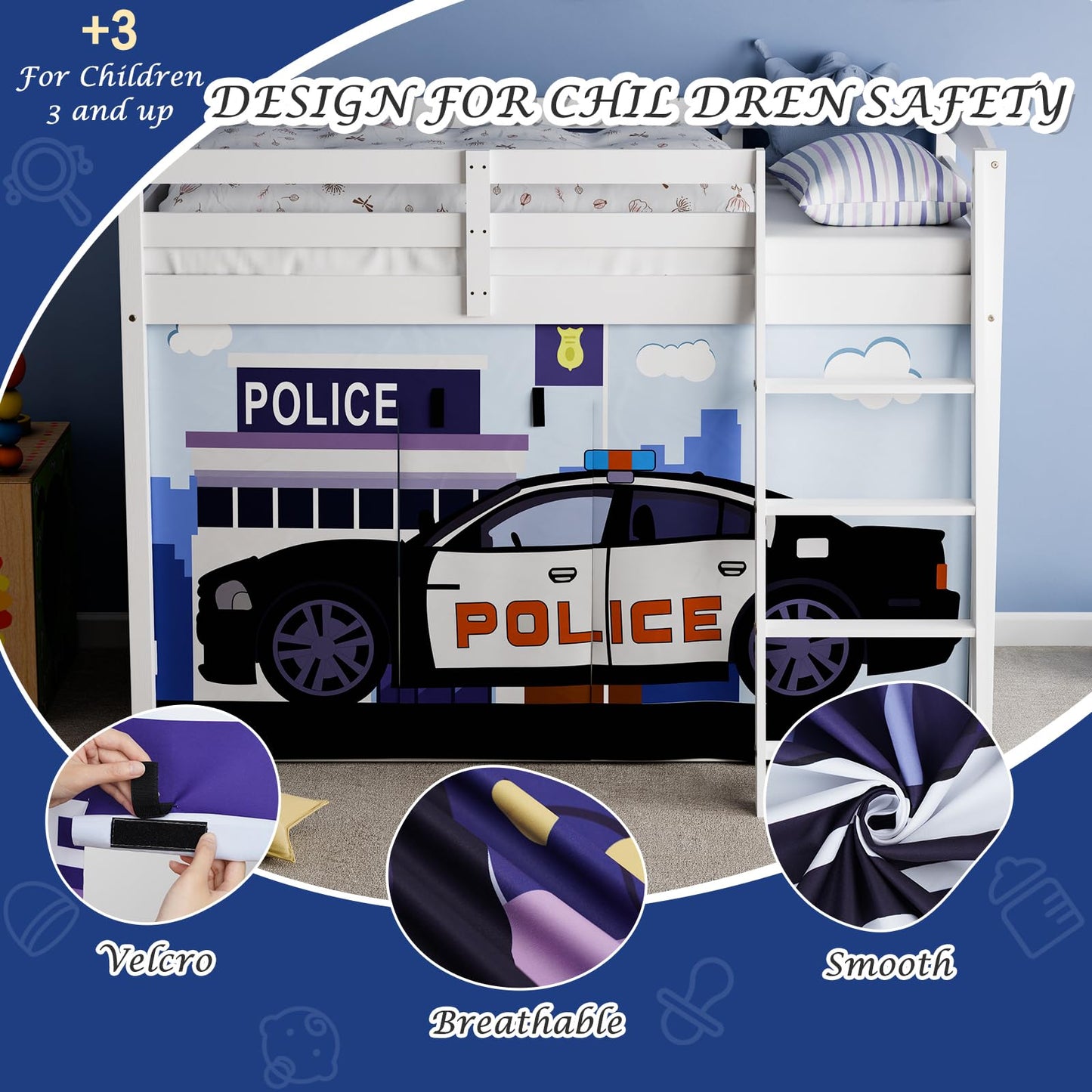 YRDKB Police Car Bed Curtains - 33H Premium and Customizable Cartoon Loft Bed Curtains for Children to Enhance The Imaginative Creation Bedroom Curtains(3PCS,Twins)