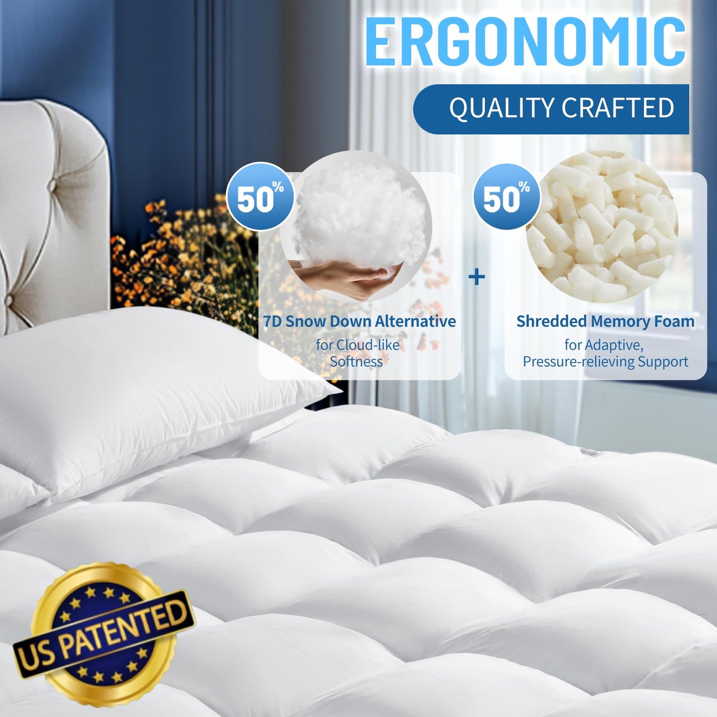 LIANLAM Memory Foam Mattress Pad Queen with Breathable Air Mesh Sides,Ergonomic Mattress Pad for Back Pain, Extra Thick Cooling Pillow Top with 6"-18" Deep Pocket(60"x80")