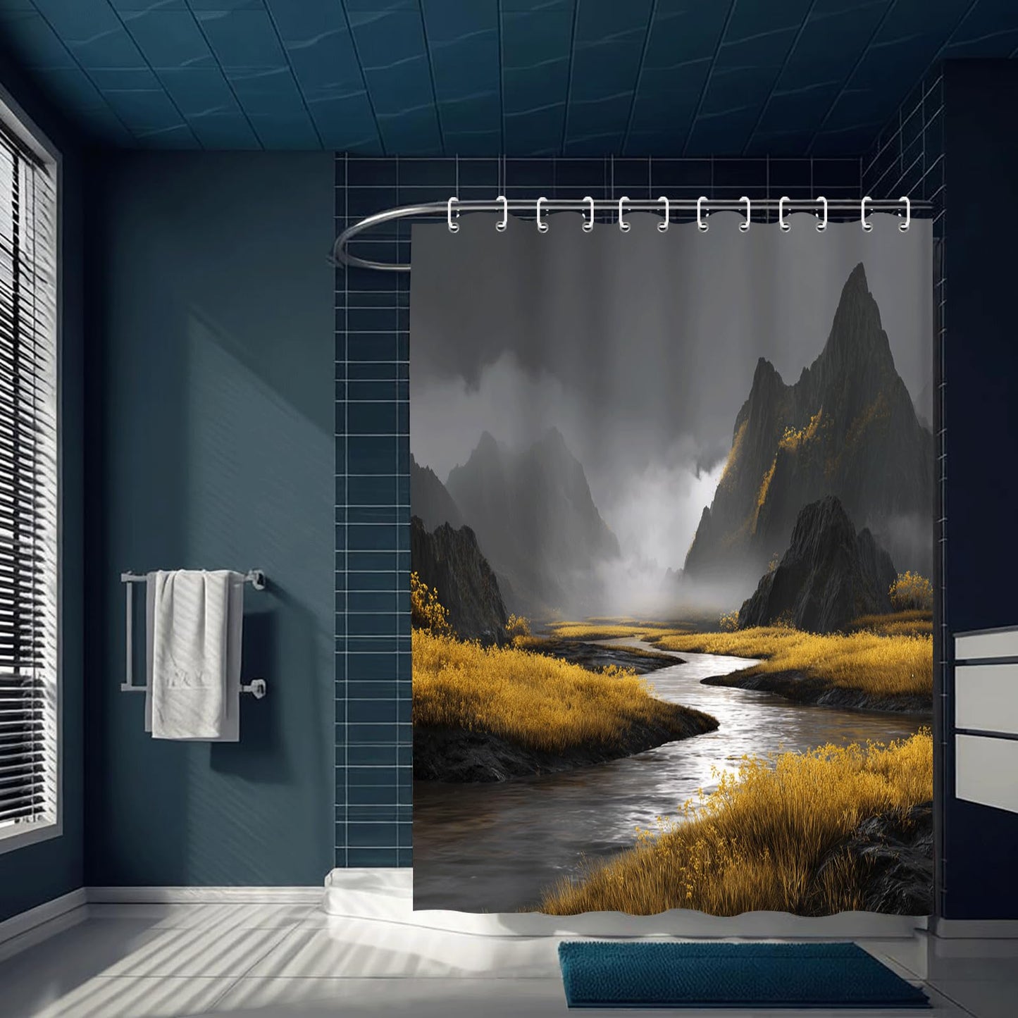 ZROLUW Mountains River Shower Curtain Set 36" W x 72" L Nature Scenery Landscape Bath Curtain Bathroom Fabric Polyester Waterproof Modern Shower Curtains with Hooks
