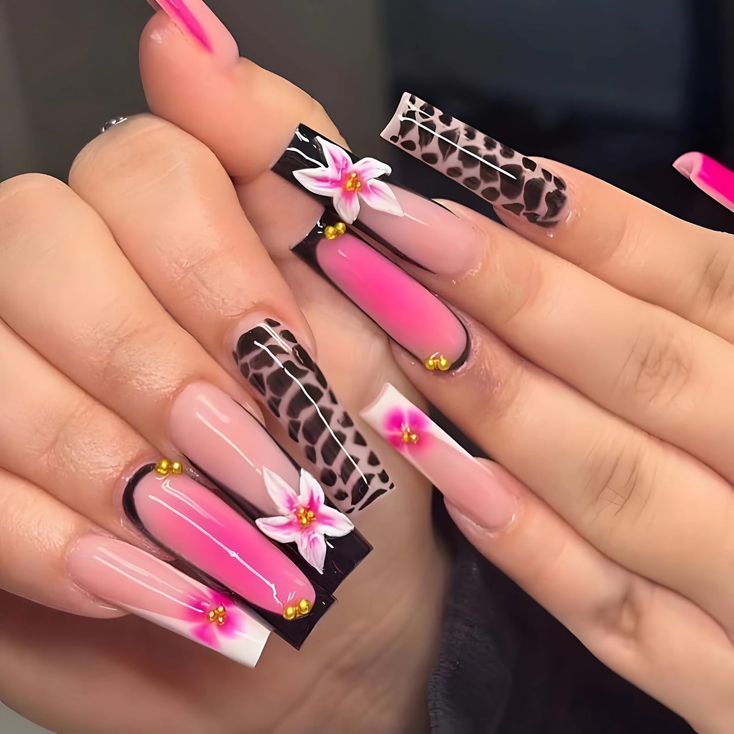 MISUD Press on Nails - Long Square Glue on Nails with Pink Black, Acrylic Handmade Flower Design 24 pcs
