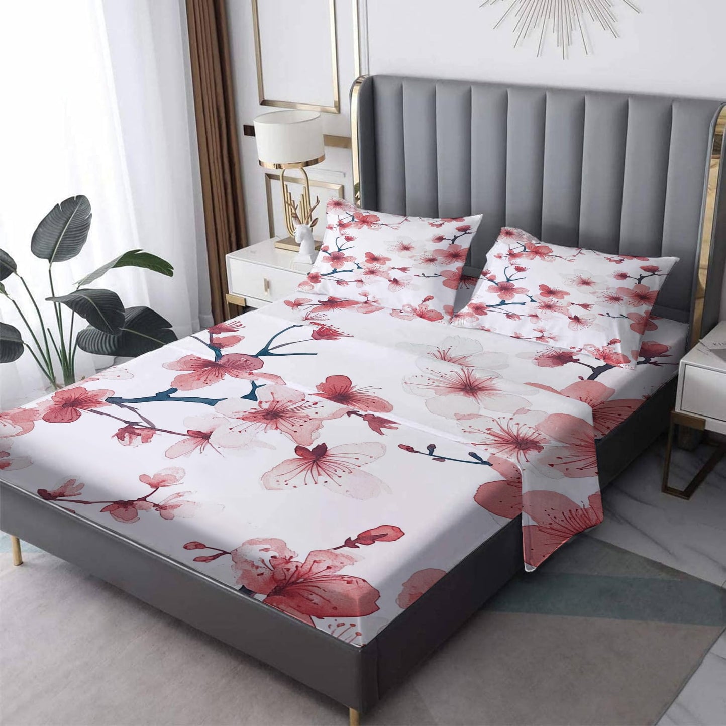 zcsm Queen Sheet Set - Cherry Blossom Bed Sheets, Japanese Bedding Sheets & Pillowcases, Soft Microfiber & Deep Pocket & Wrinkle Free Sheet Set, 1 Fitted Sheet, 1 Flat Sheet, 2 Pillow Cases