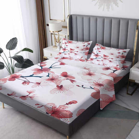 zcsm Queen Sheet Set - Cherry Blossom Bed Sheets, Japanese Bedding Sheets & Pillowcases, Soft Microfiber & Deep Pocket & Wrinkle Free Sheet Set, 1 Fitted Sheet, 1 Flat Sheet, 2 Pillow Cases