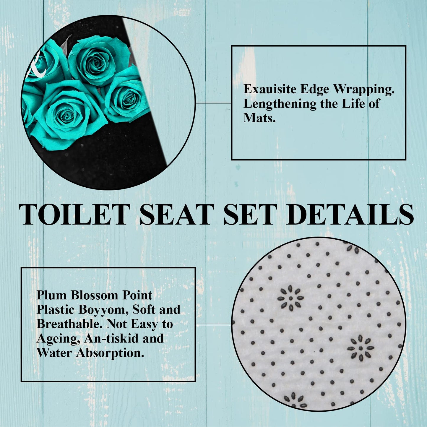 4Pcs Teal Rose Shower Curtain Set, Thankful Grateful Blessed Turquoise Bathtub Curtain with Non-Slip Rug, Toilet Lid Cover, Bath Mat and 12 Hooks, Romantic Green Floral Bathroom Decor, 72 x 72 inch