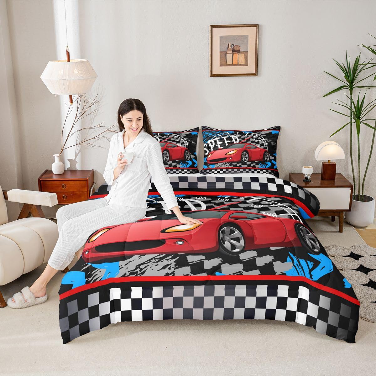 Feelyou Boys Race Car Bedding Set Cool Race Sports Car Set Comforter Set for Kids Boys Sports Theme Duvet Set Checkered Comforter Red 1 Comforter Set with 2 Pillowcases Full Size