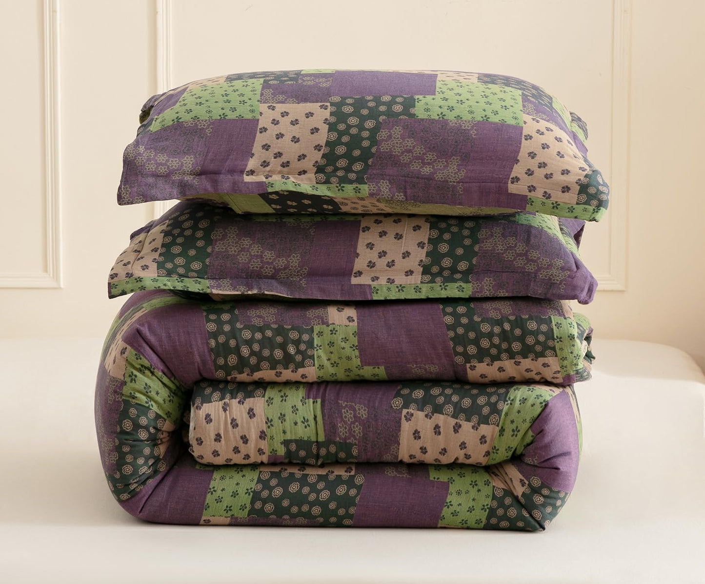SLEEPBELLA Washed Double Layer Muslin 100% Cotton Comforter Set King Size, Purple Green Patchwork Fluffy Thick Checked Bedding Set, Soft Breathable (1 Comforter, 2 Pillow Shams)