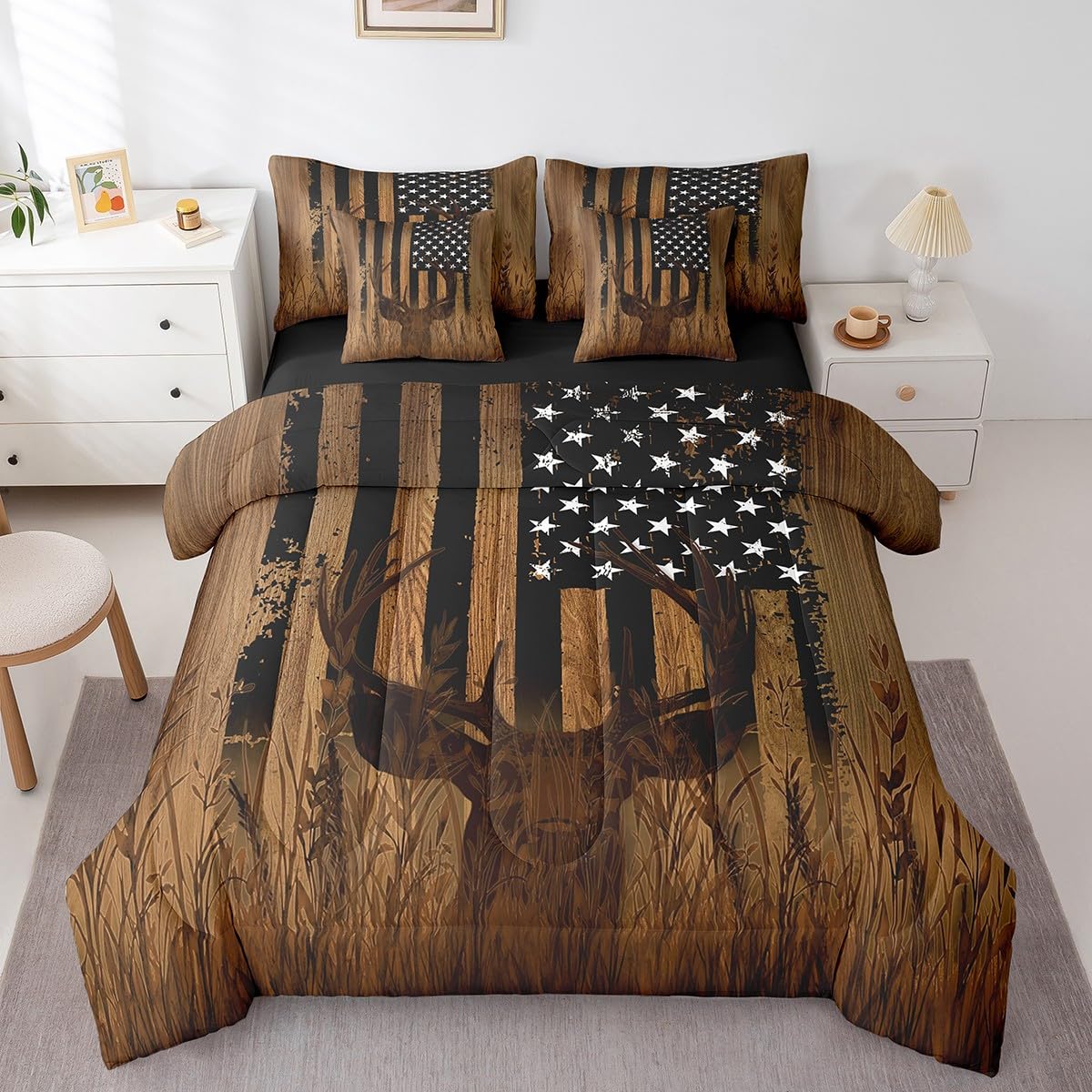 Feelyou Deer Hunting 7 Pieces Bedding Set, Queen Size American Flag Bed Set for Boys Girls Teens Bedroom Decor Cute Deer Bed in a Bag with Comforter, Sheets, Pillowcases Western Farmhouse