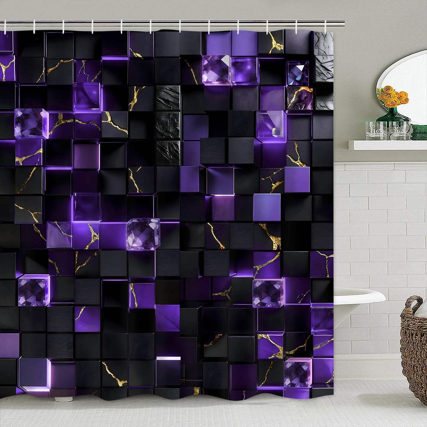 LQCOOL 4Pcs Black and Purple Shower Curtain Set 3D Cubes Bathroom Sets Modern Shower Curtain Set for Bathroom Sets with Rugs and 12 Hooks