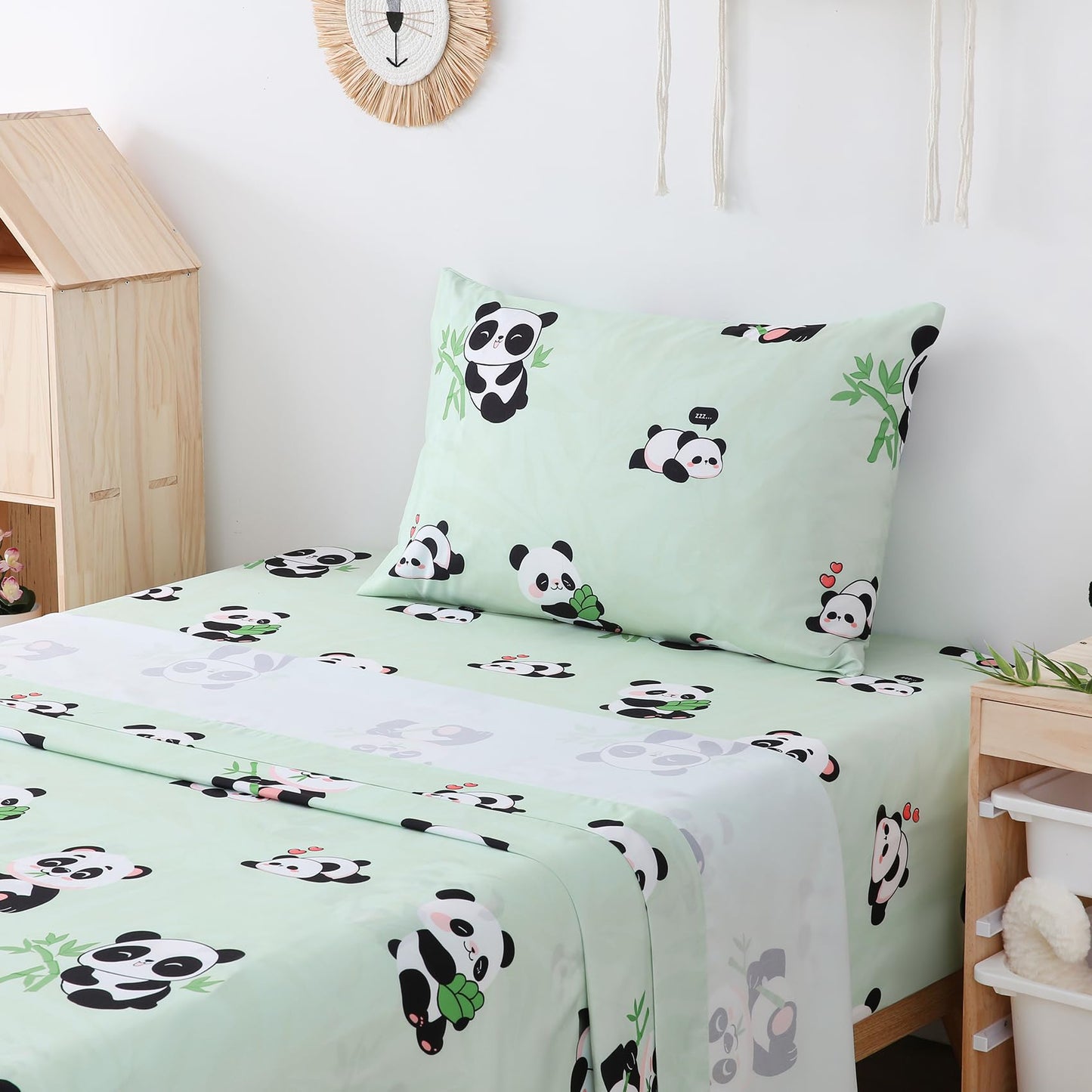Yibeizi Twin Sheets Set Kids, Sage Green Panda Pattern Microfiber Single Bed Sheets, Cute Soft Oeko-Tex Extra Deep Pocket Sheets & Pillowcases Cooling Hypoallergenic Wrinkle Free Bedsheets