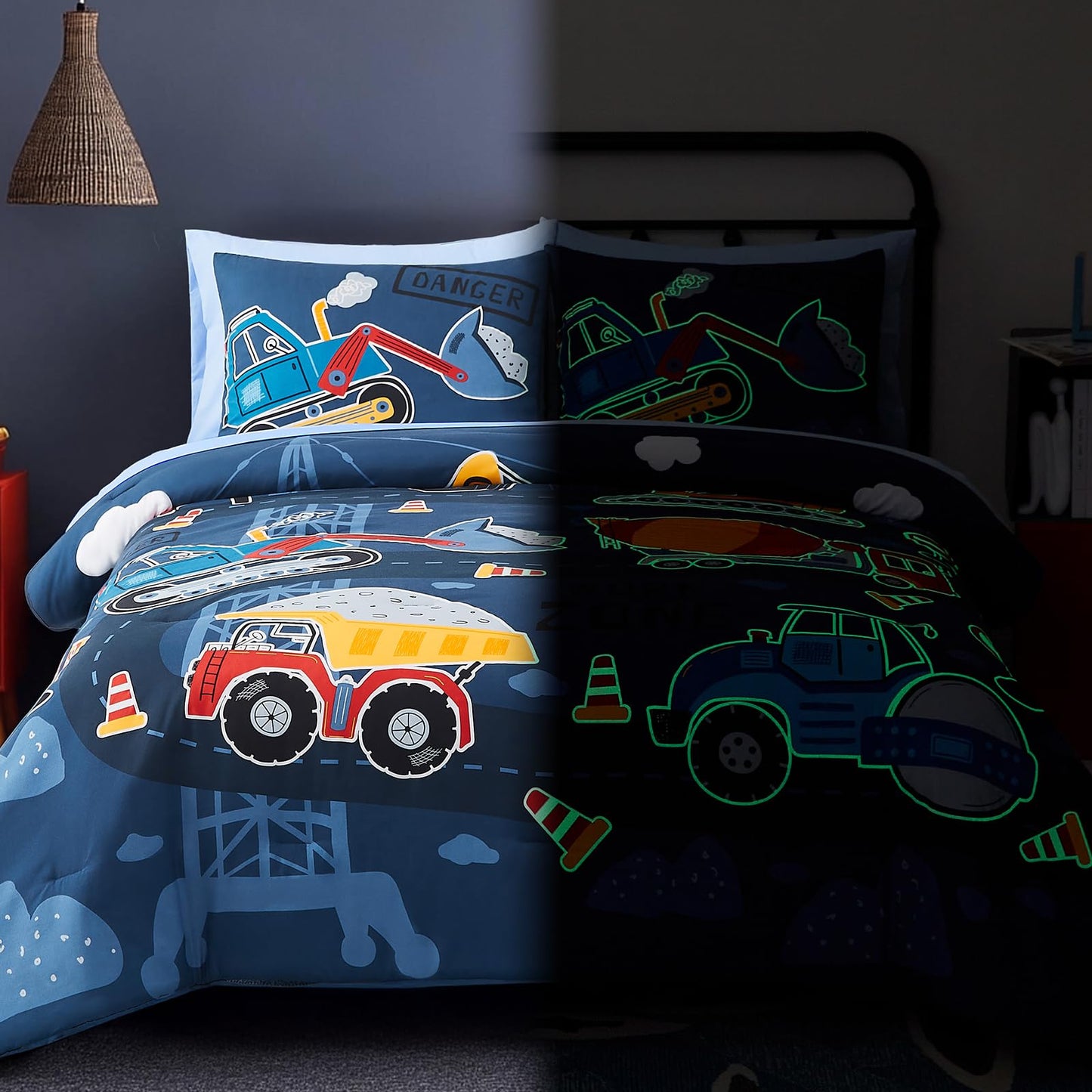 Wink Deer Full Size Comforter Set for Boys-7 Pieces Truck Tractor Excavator Glow in the Dark Full Bedding Sets for Kids, Ultra Soft Bed in A Bag with Sheets