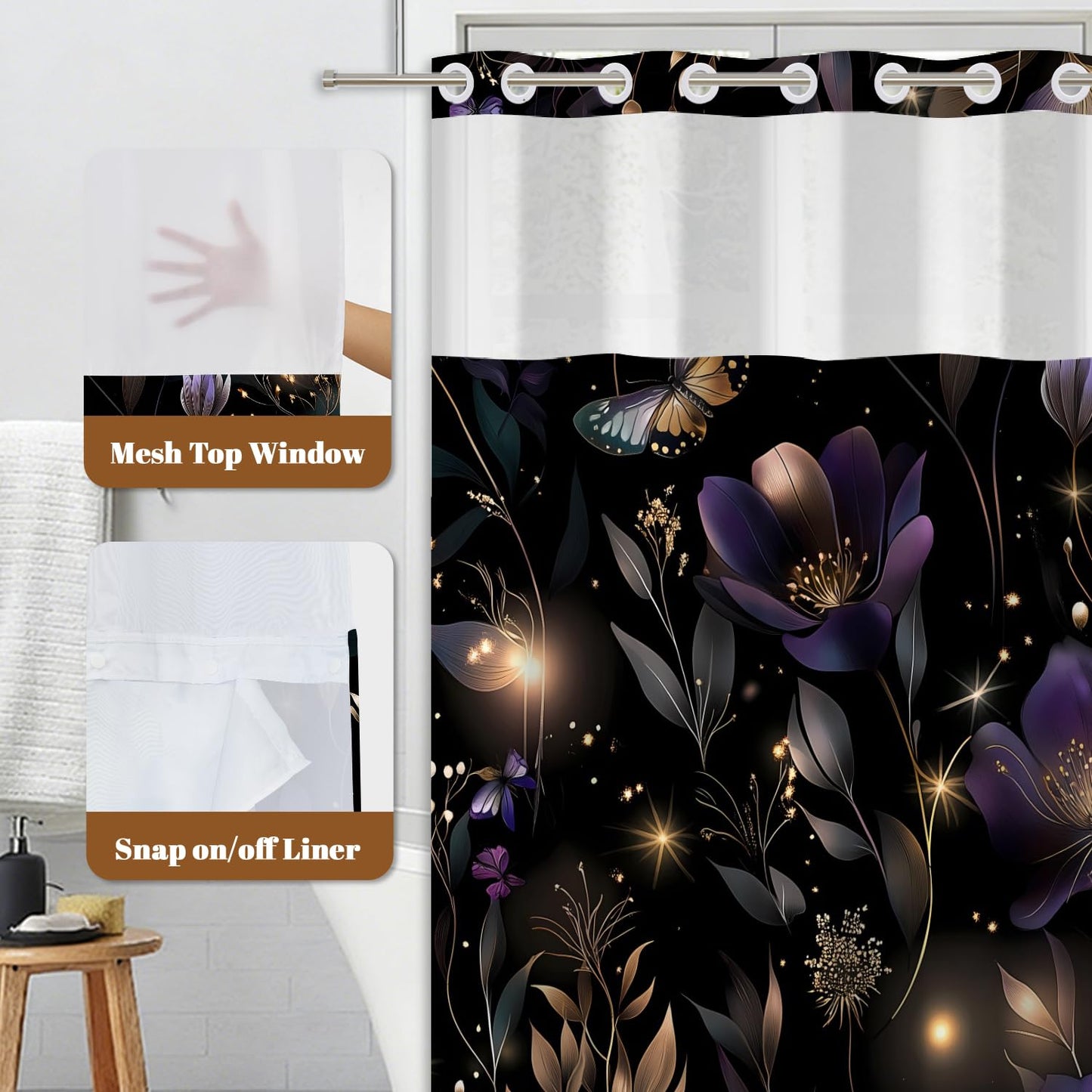 Xiazhilaio Dark Floral Bath Shower Curtain with Snap in Liner, 71x74 Inch