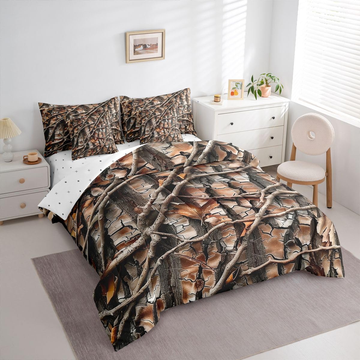 Feelyou Tree Branches Queen Comforter Set with Sheets for Kids Boys Girls Tree Leaf 7 Pieces Bedding Set Botanical Bed in a Bag Nature Theme Room Decor Soft Microfiber