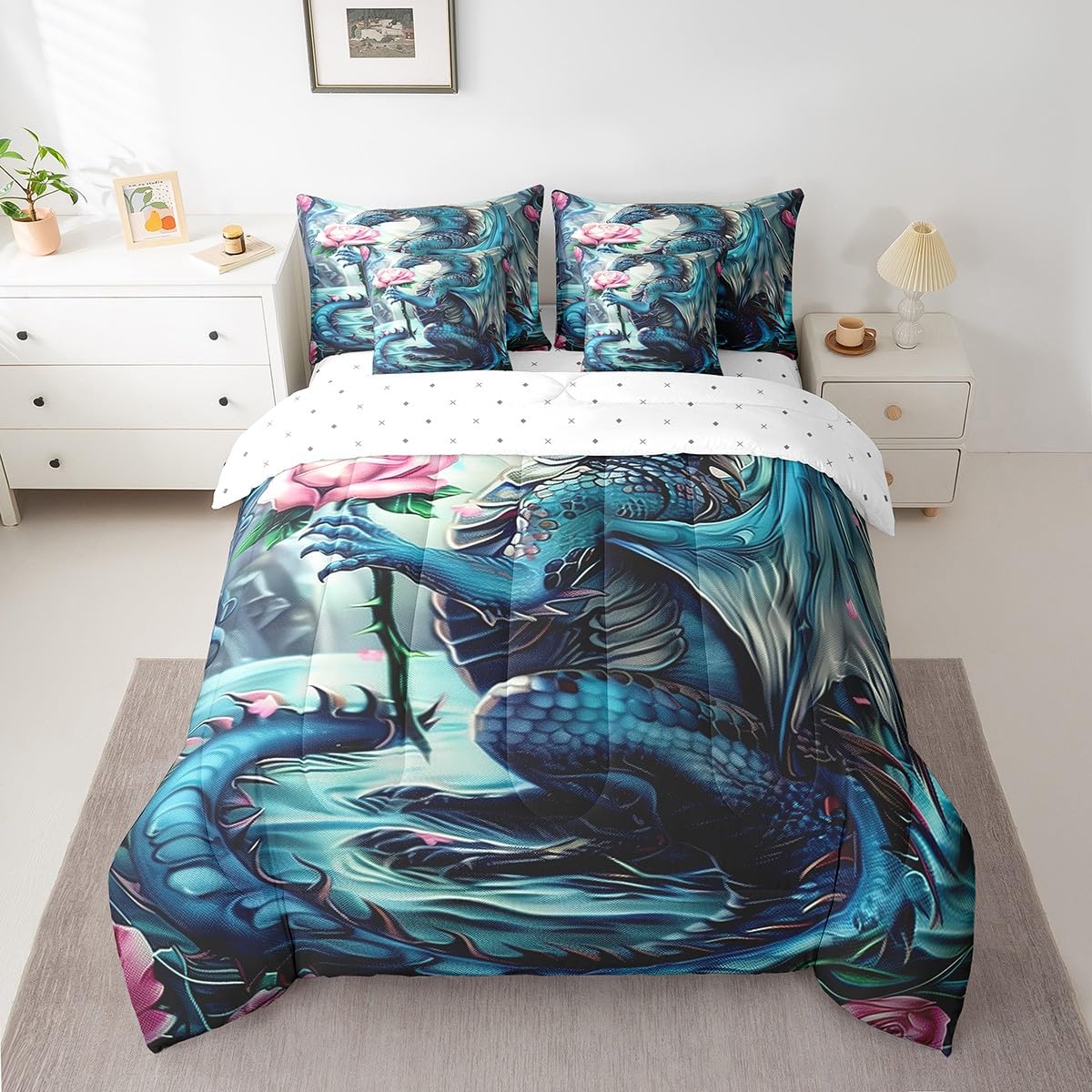 Erosebridal Floral Dragon Comforter Sets with Sheets - Magical Animal Bedding Set Queen for Boys Girls Pink Rose Dragon Theme 7Pcs Bed in A Bag Cute Wildlife Bed Set