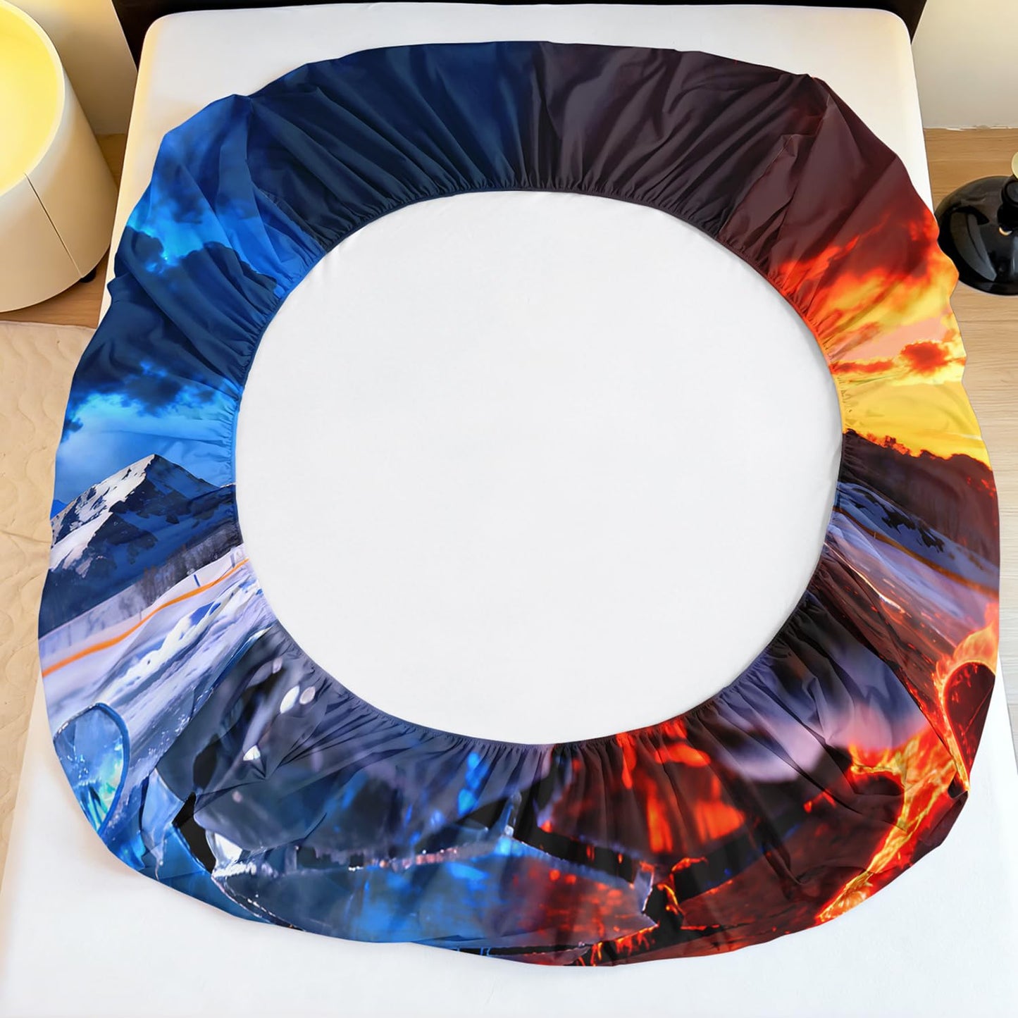 HOSIMA Hockey Bedding Queen for Kids,Hockey Stick Wrapped in Ice and Flame,Different Background Pattern Sports Fitted Sheet for Boys Room Decor,1 Fitted Sheet+2 Pillowcases.