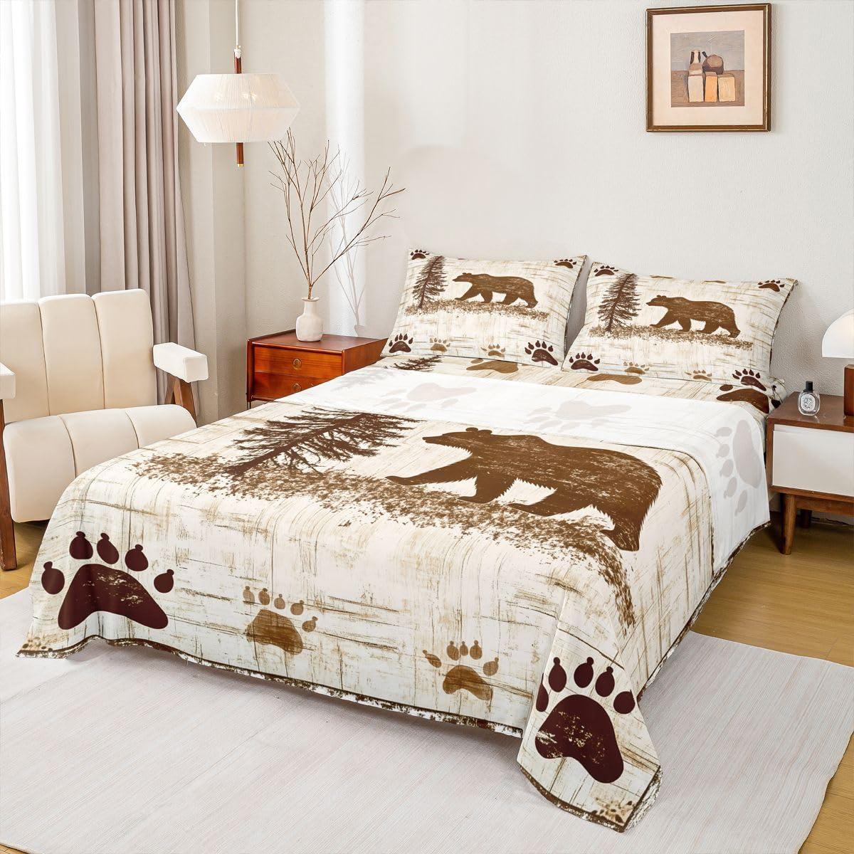 Erosebridal Bear Sheet Set Full | Rustic Farmhouse Bed Sheets for Kids Boys Girls Wildlife Jungle Hunting Flat Fitted Sheet Countryside Wild Animal Sheets 3 Pcs