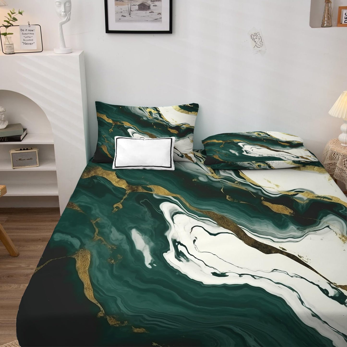 THYUNQ Emerald Green Marble Sheets Queen Size Bed, Abstract Pattern Sheet Set & Bedroom Decor - 16 Inch Deep Pocket, Super Soft Microfiber Bedding Sheets & Pillowcases 4 Piece