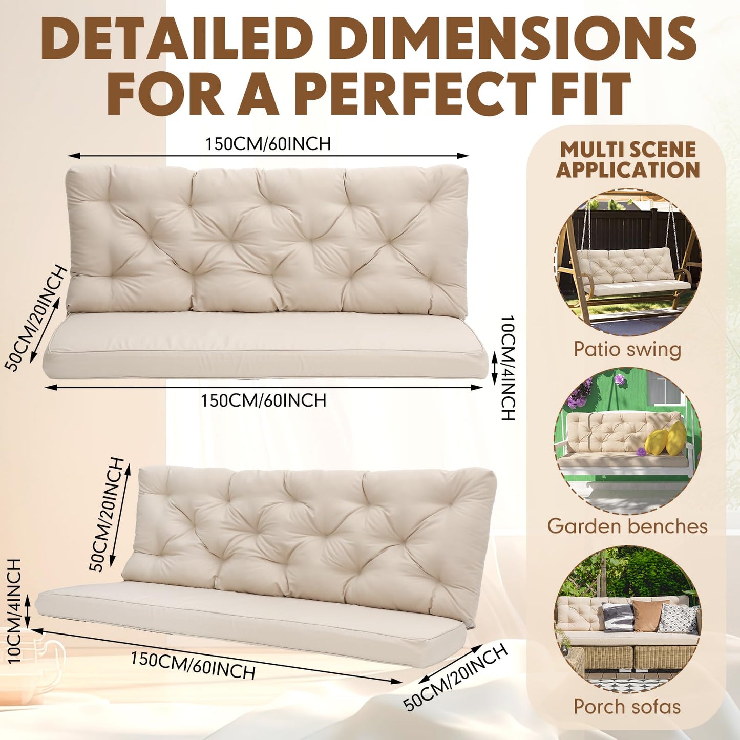 Wenqik 2-3 Seater Porch Swing Cushions with Backrest 60 x 40 x 4 Inch Thick Outdoor Waterproof Bench Pad Patio Swing Replacement Cushion, Split Design, Soft for Garden, Lawn, Backyard (Khaki)