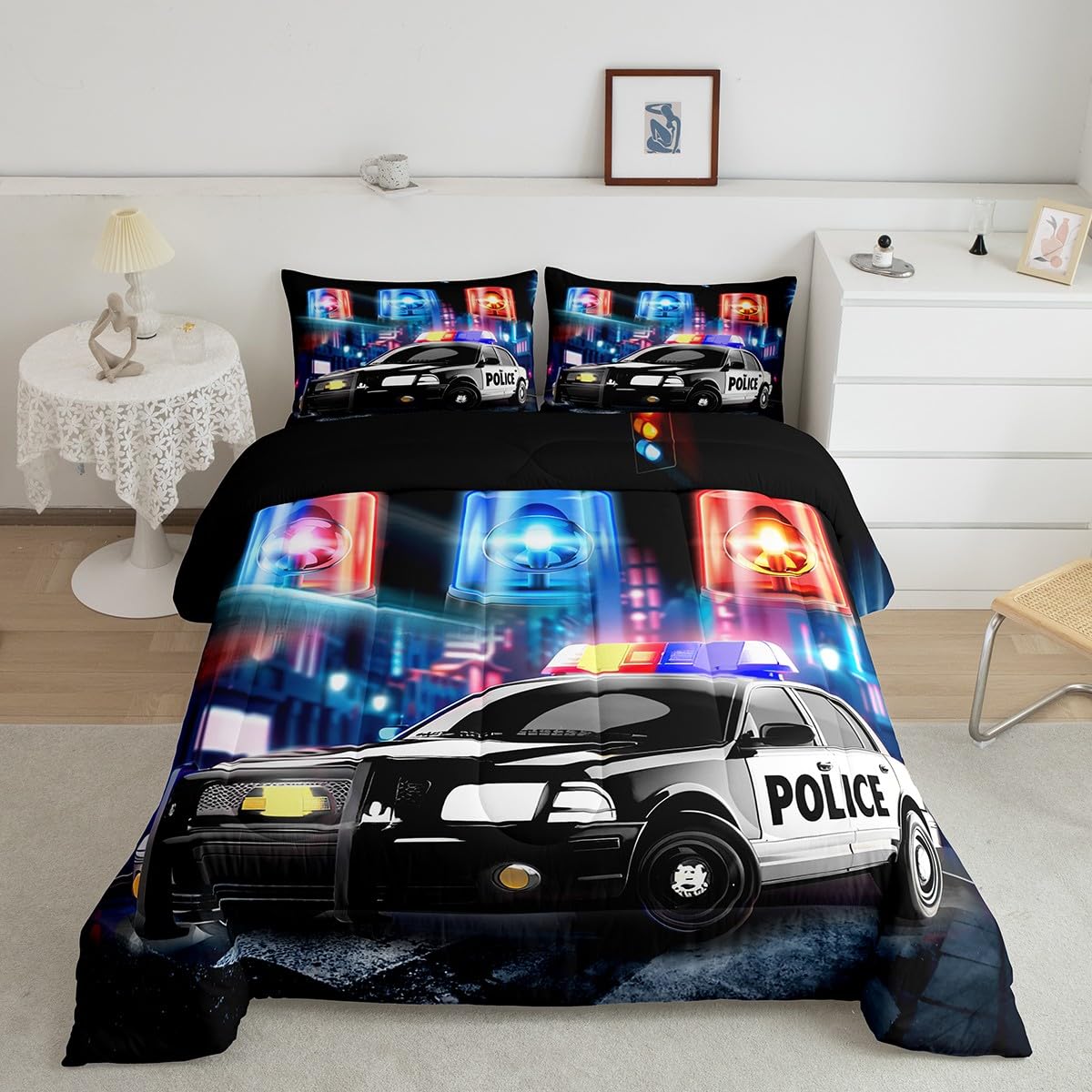 Feelyou Kids Police Car Toddler Bedding Set Policeman Boys Comforter Set for Adults Girls Black The Polica Vehicle Comforter Automobile Car Decor Quilt Set with 1 Pillowcase 2Pcs Bedding Twin