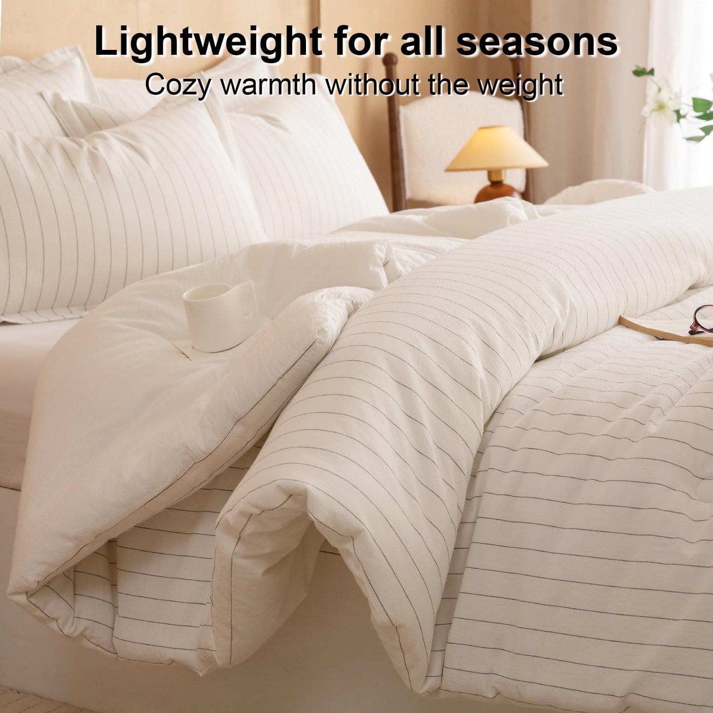 LLanCL Cotton Stripe Comforter Set Queen Size,100% Cotton Cover with Polyester Fill,Ultra Soft,Breathable,Lightweight Bedding for All Seasons,1 Comforter 90"x90" & 2 Pillow Shams 20"x26"(White)