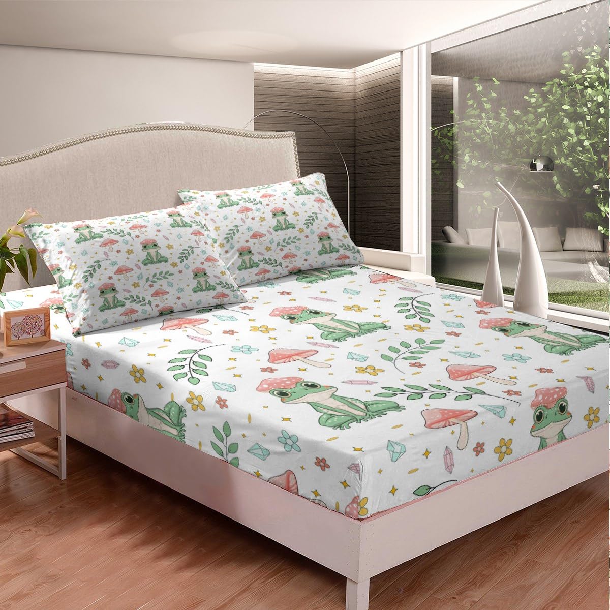 Erosebridal Bed Linen Set with Frog Fitted Sheet, Pink Mushroom Decor, Twin, 1 Pillow Case