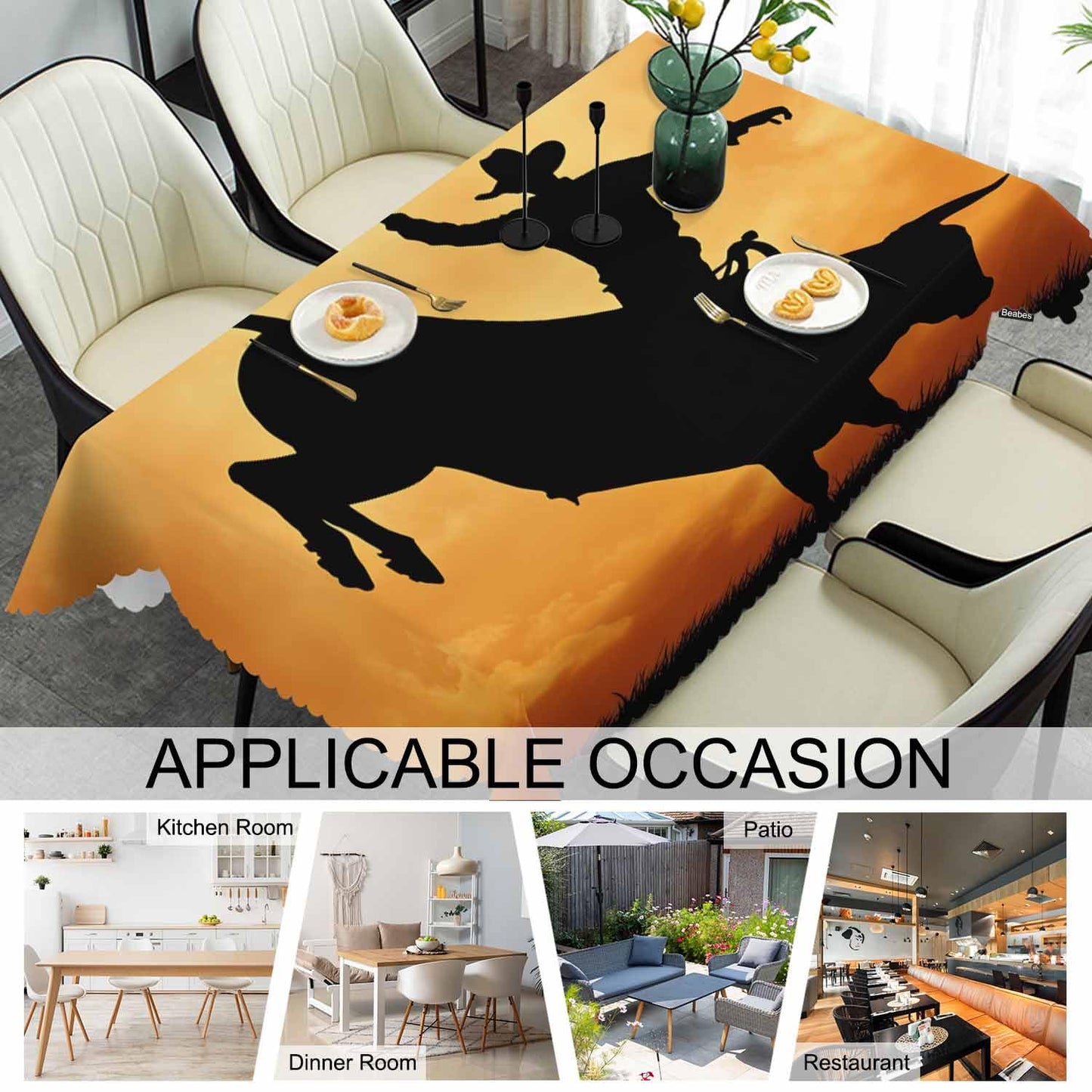 Beabes Bull Rider Table Cloth Rectangle Table 52"X70", Western Cowboy Bucking Bull Sunset Wipeable Table Cover for Dinner Kitchen, Outdoor Tablecloth for Party Banquets Weddings