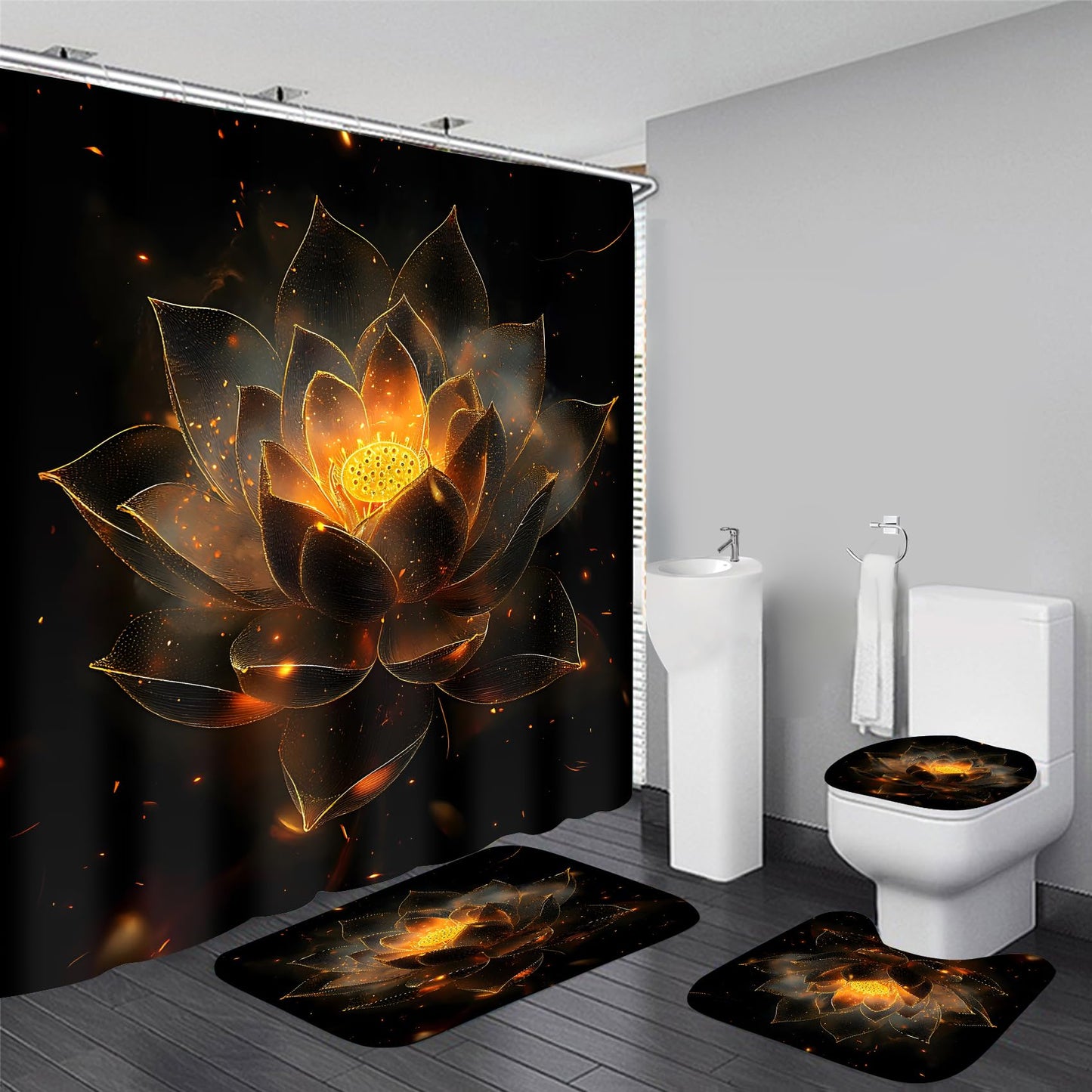 AZHM Luxury Golden Lotus Shower Curtain Set 4 PCS Black Gold Floral Bathroom Decor Set with Non-Slip Bath Rugs, Toilet Lid Cover and U-Shaped Mat