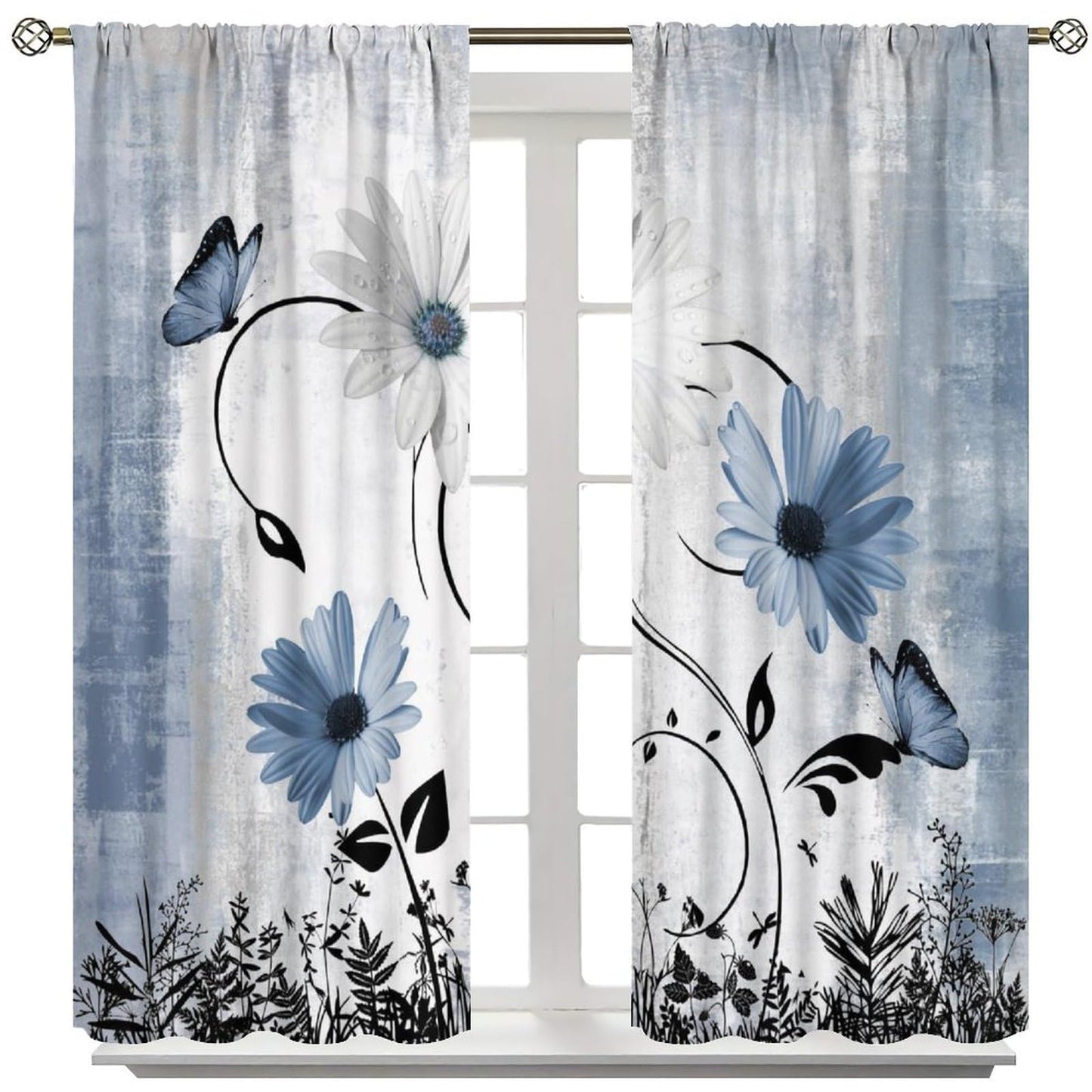 AAVEUP Blue White Daisy Curtains for Kitchen Farmhouse Modern Flower Retro Floral Spring Butterfly Rural Country Style Window Treatments Print for Girls Bedroom Living Room 42x45in（No Blackout）
