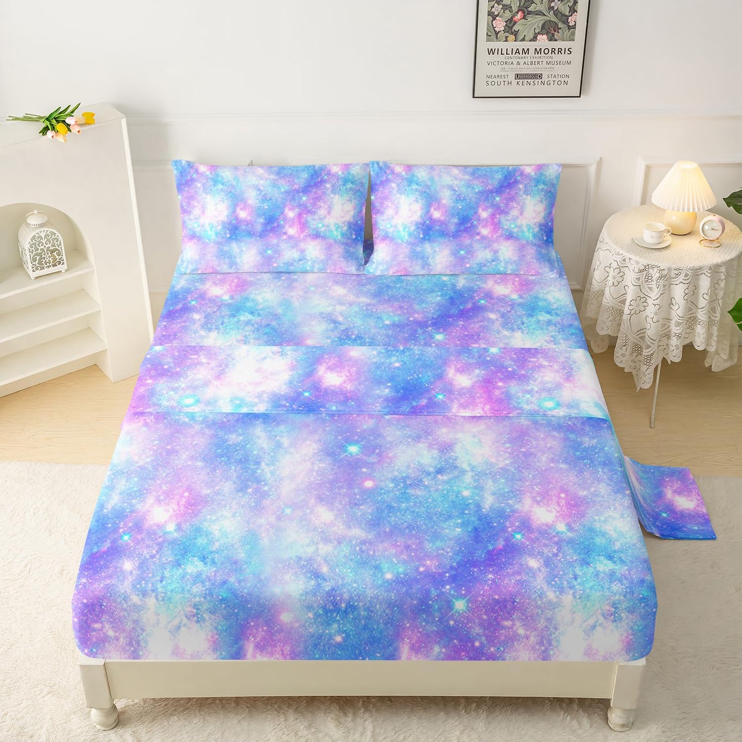 QOOMO Starry Sky Sparkles Bedding for Boys and Girls Tie Dye Print Silky Soft Microfiber Bed Sheets Blue Shining Star Super Soft Queen Size 1 Fitted Sheet, 1 Flat Sheet, 2 Pillow Cases