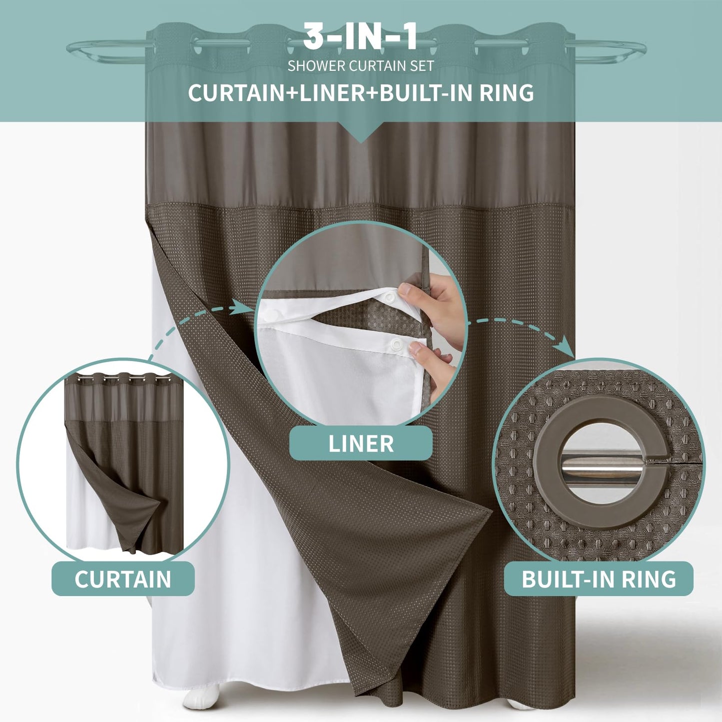 eachope Brown Extra Long No Hook Waffle Weave Shower Curtain with snap-in Liner Replacement, 230GSM Waterproof Fabric Hotel Shower Curtain Set for Bathroom, Through Mesh Top Window,71Wx86H