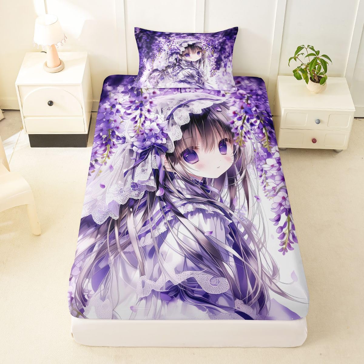 Erosebridal Lilac Flower Girl Bed Sheets Set Purple Spring Floral Sheets Twin,Anime Girl Sheet Set for Boys Girls Cartoon Anime Gift Bedding Sets Bedroom Decor 3 Pieces