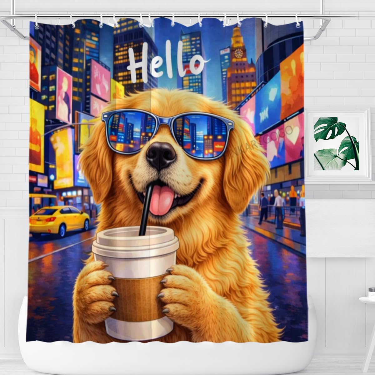 LFINKARTGOGO Golden Retriever City Shower Curtain 72x72 Inch with 12 Hooks Coffee Lover Bathroom Decor Urban Nightscape Waterproof Washable Polyester Bath Curtain
