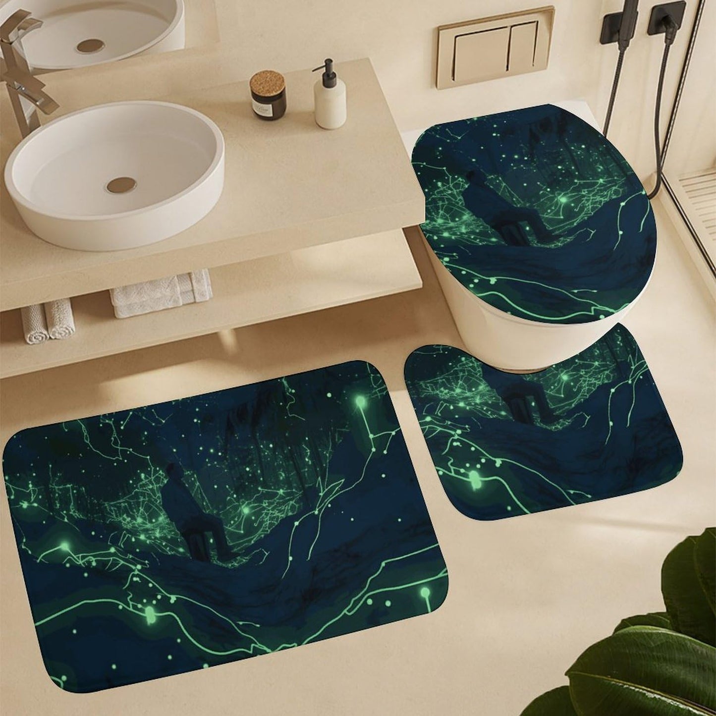 LMNGH Shower Curtain Set Glow in The Dark Bathroom 4 Set with Non-Slip Rugs Toilet Lid Cover and Bath Mat Waterproof Bath Accessories for Bathroom Decor Set 72" X 72"