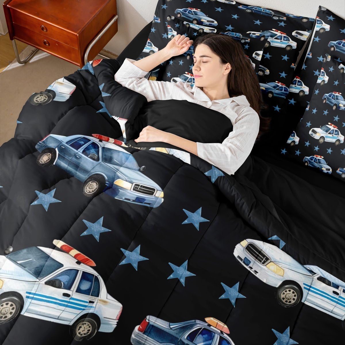 Erosebridal Police Car 7 Pieces Bedding Set Twin for Boys, Cartoon Car Comforter Set with Sheets for Kids Teens Youth Men Bedroom, Policeman Vehicle Bed in A Bag, Star Black Bed Sets, Microfiber
