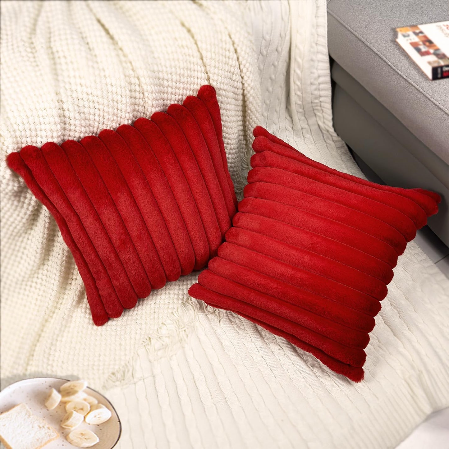 2 Pack 18x18 Pillow Cover Velvet Pillow Covers, Faux Fur Square Throw Pillow Covers for Living Room Decorations Throw Pillow Case, Throw Pillow Cover Cushion Cover for Home Sofa Bedroom Car, Red