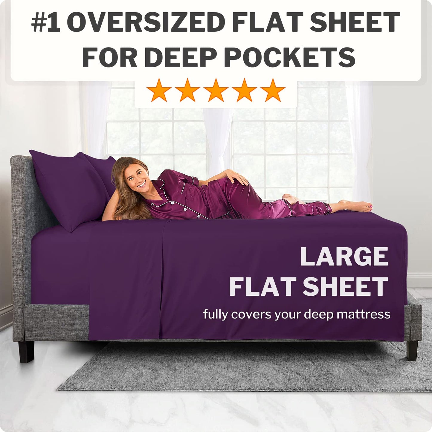 Deep Pocket King Size Sheets – 21” Extra Deep Pocket King Size Sheets – [4 Piece Set] King Bed Sheets Oversize Flat Sheet, Fitted Sheet, 2 Zippered Pillowcases 18”–23” Deep Pocket King Sheets – Purple